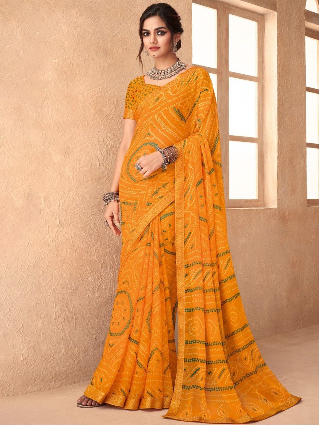 

DURGA EMPORIO Pure Chiffon Bandhani Saree, Yellow