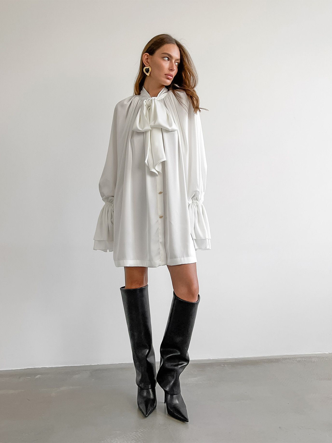 

MIAKEE Striped Tie-Up Neck A-Line Dress, White