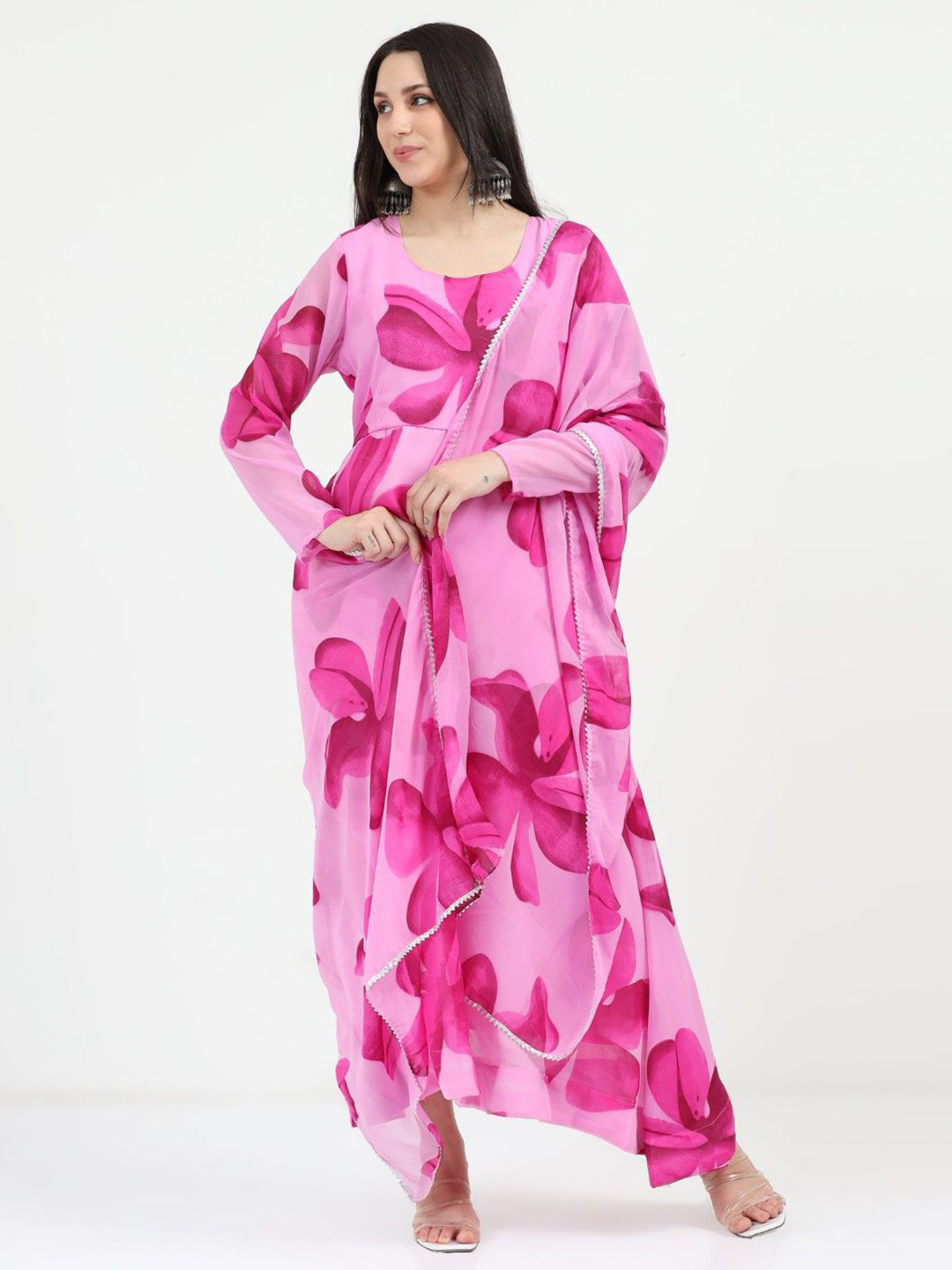 

Raiyani Enterprise Floral Printed Round Neck Pure Cotton Anarkali Kurta, Pink