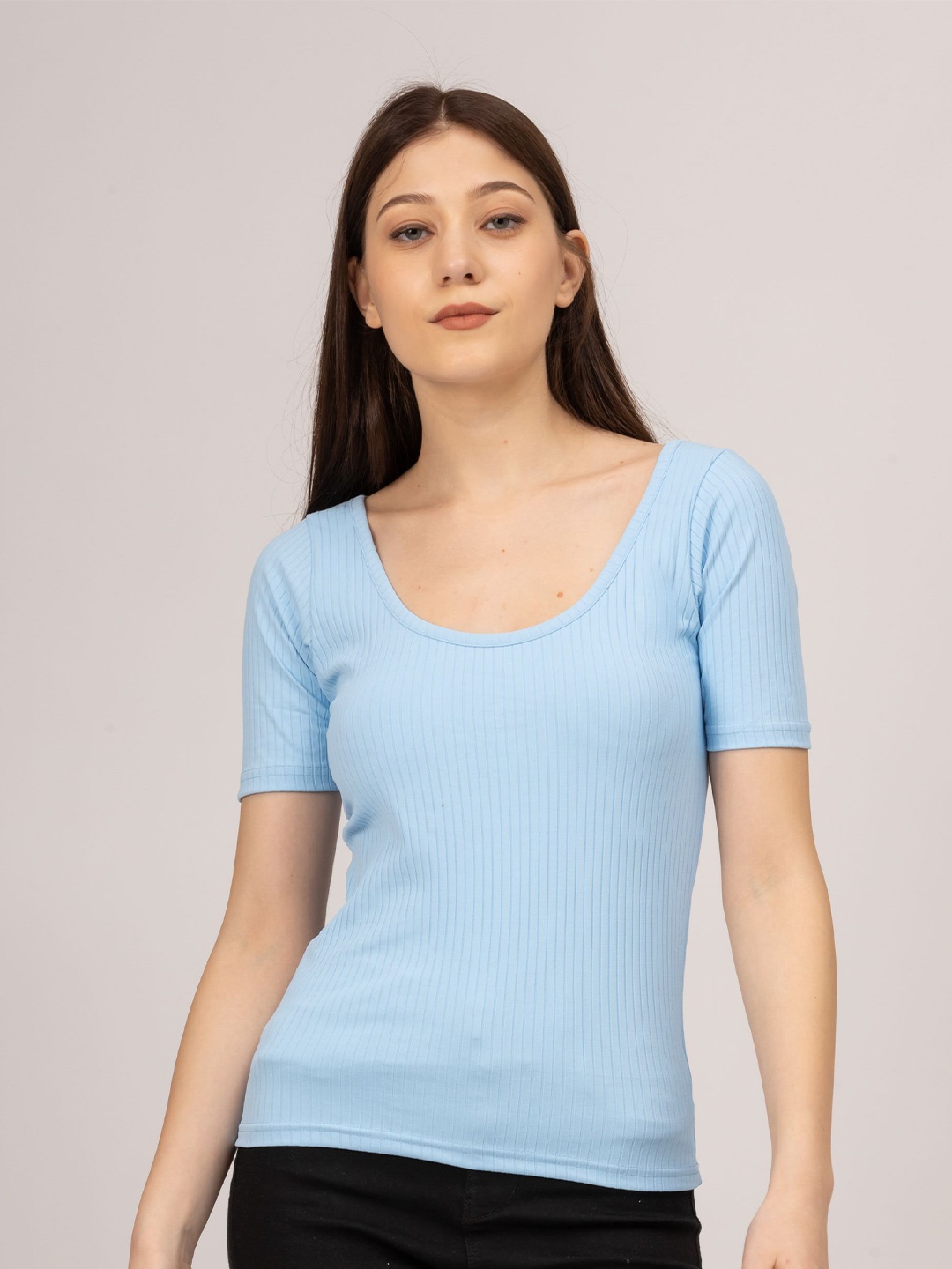 

PYR8 Women Striped Scoop Neck Regular Top, Blue