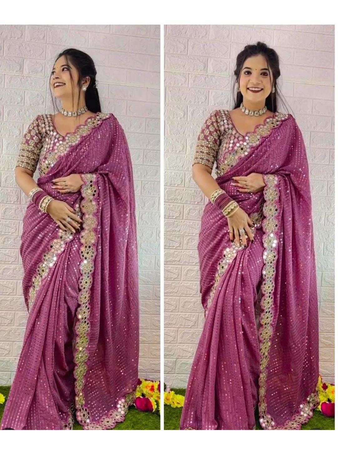 

MANSUBHA Woven Design Embroidered Pure Georgette Banarasi Saree, Pink