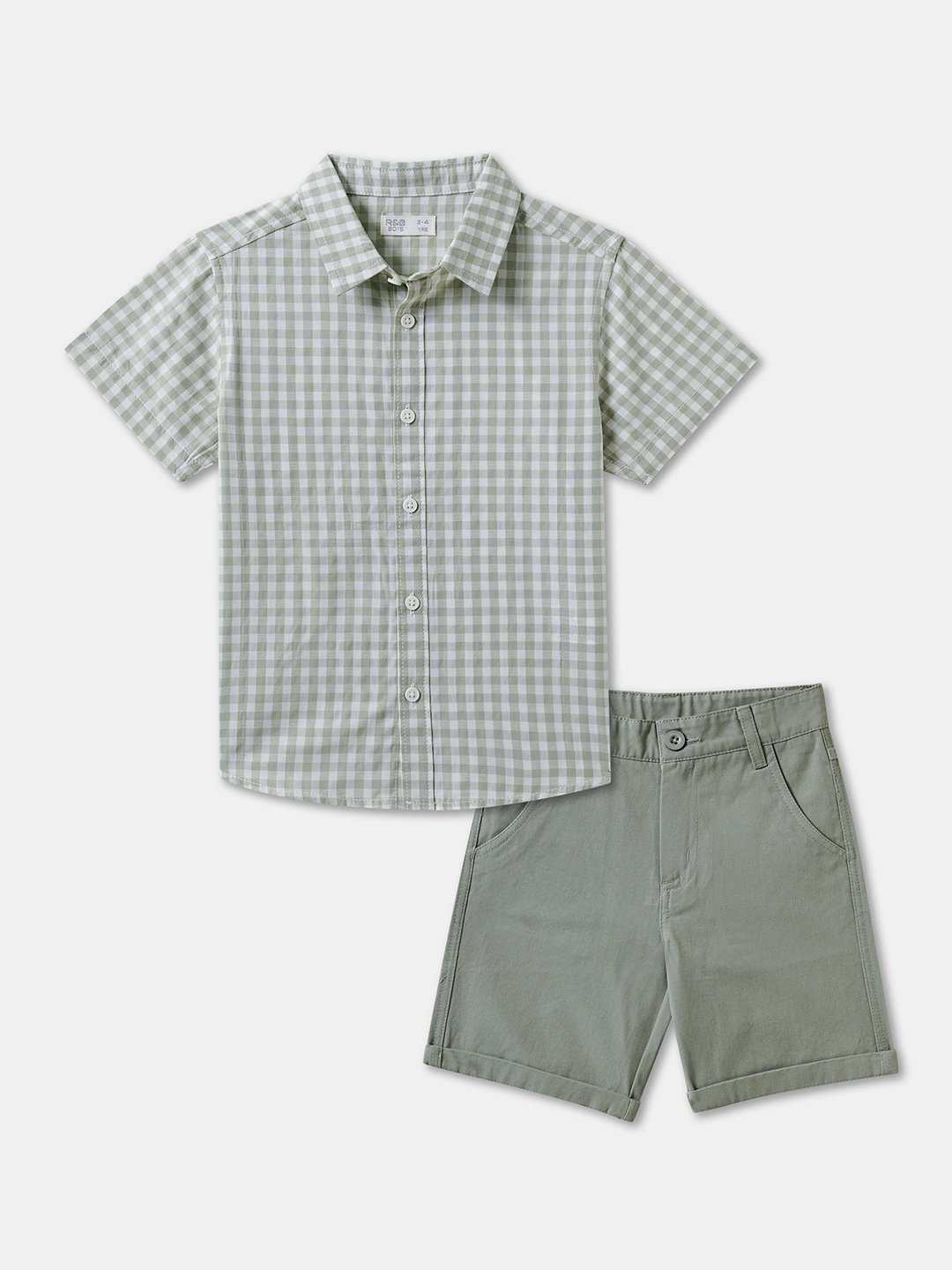 

R&B Boys Checked Shirt Collar Pure Cotton Shirt With Shorts, Grey