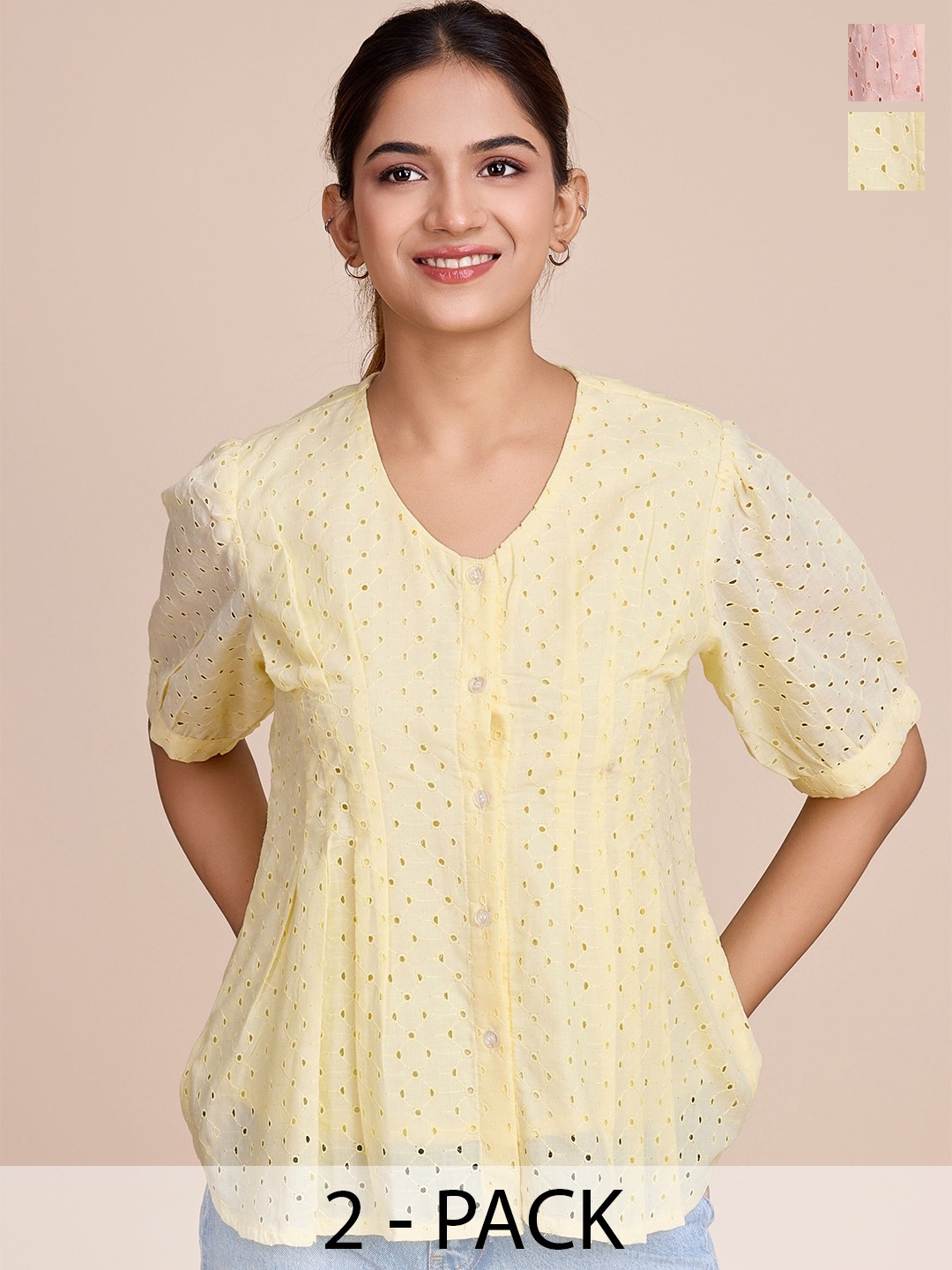 

HOUSE OF MIRA Women Pack Of 2 Self Design V-Neck Cotton Tops, Yellow