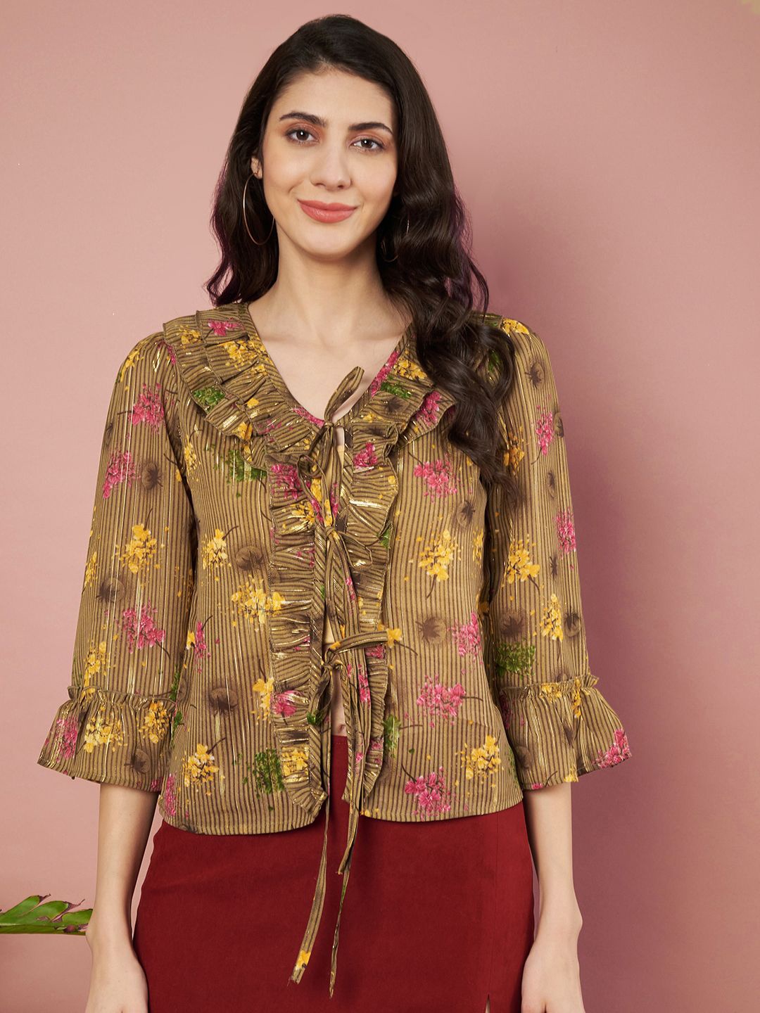 

Slenor Women Floral Printed Bell Sleeve Ruffles Georgette Blouson Top, Brown