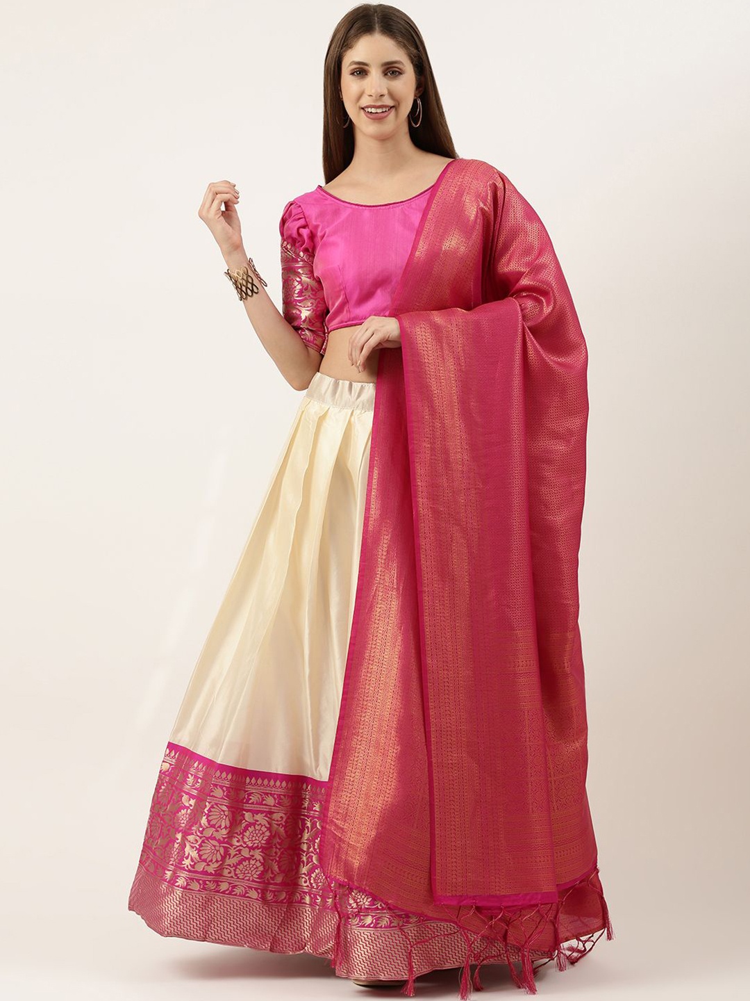 

DIVASTRI Woven Design Zari Unstitched Blouse And Lehenga With Dupatta, White