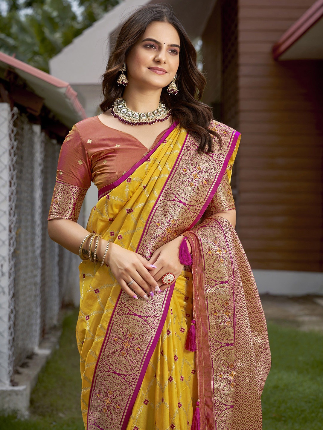 

SAREETHNIC Woven Design Zari Pure Silk Banarasi Saree, Yellow