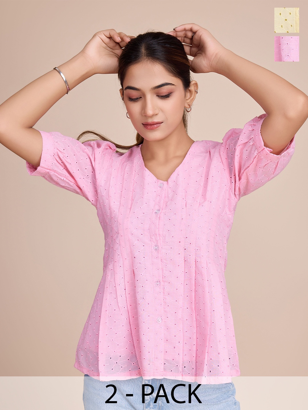 

HOUSE OF MIRA Women Pack Of 2 Self Design V-Neck Cotton Tops, Pink
