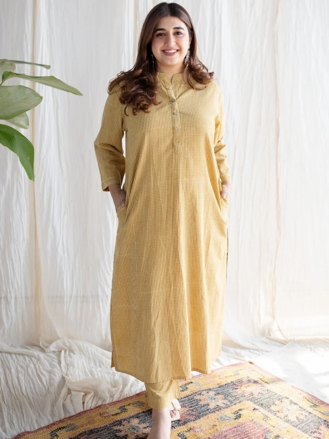 

THE INDIAN ETHNIC CO Yellow Straight Ajrakh Cotton Tunic & Trouser Co-Ord Set