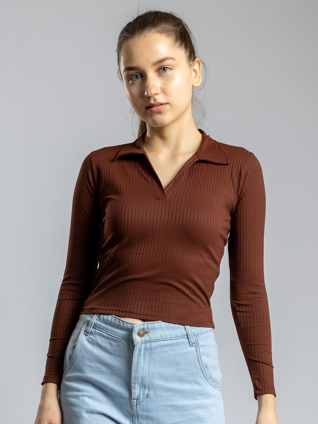 

PYR8 Women Ribbed Ribbed Shirt Collar Top, Brown