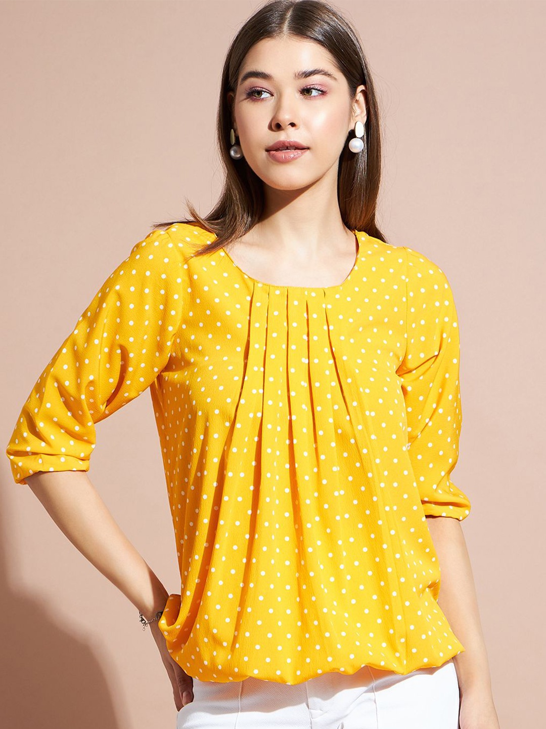 

DressBerry Women Polka Dots Printed Round Neck Top, Yellow