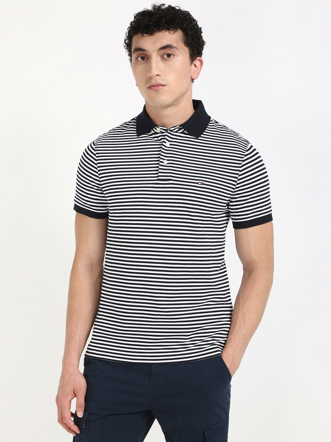 

Tommy Hilfiger Men Striped Polo Collar Cotton Slim Fit T-shirt, Navy blue