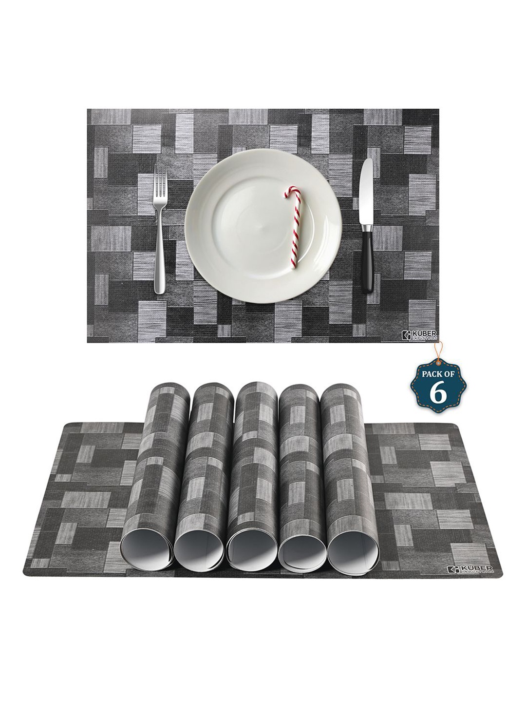 

Kuber Industries 6-Pcs Grey & Black Printed Waterproof Table Placemats