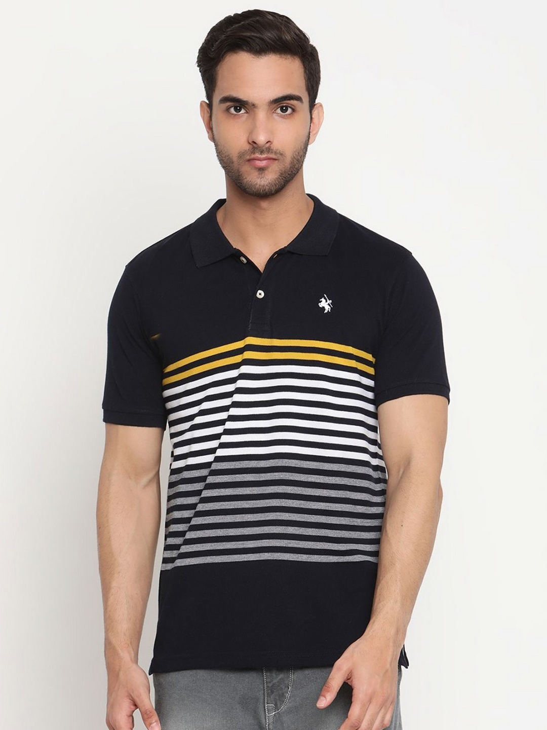 

Cantabil Men Striped Polo Collar Cotton T-shirt, Black