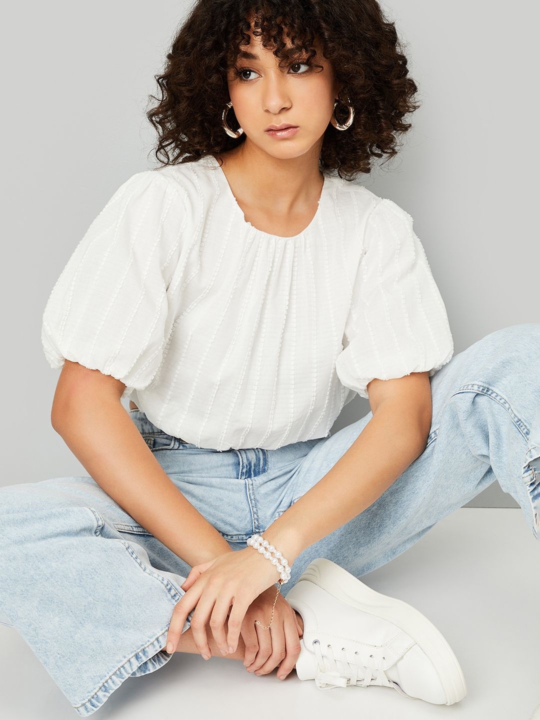 

max Women Textured Round Neck Cotton Top, White