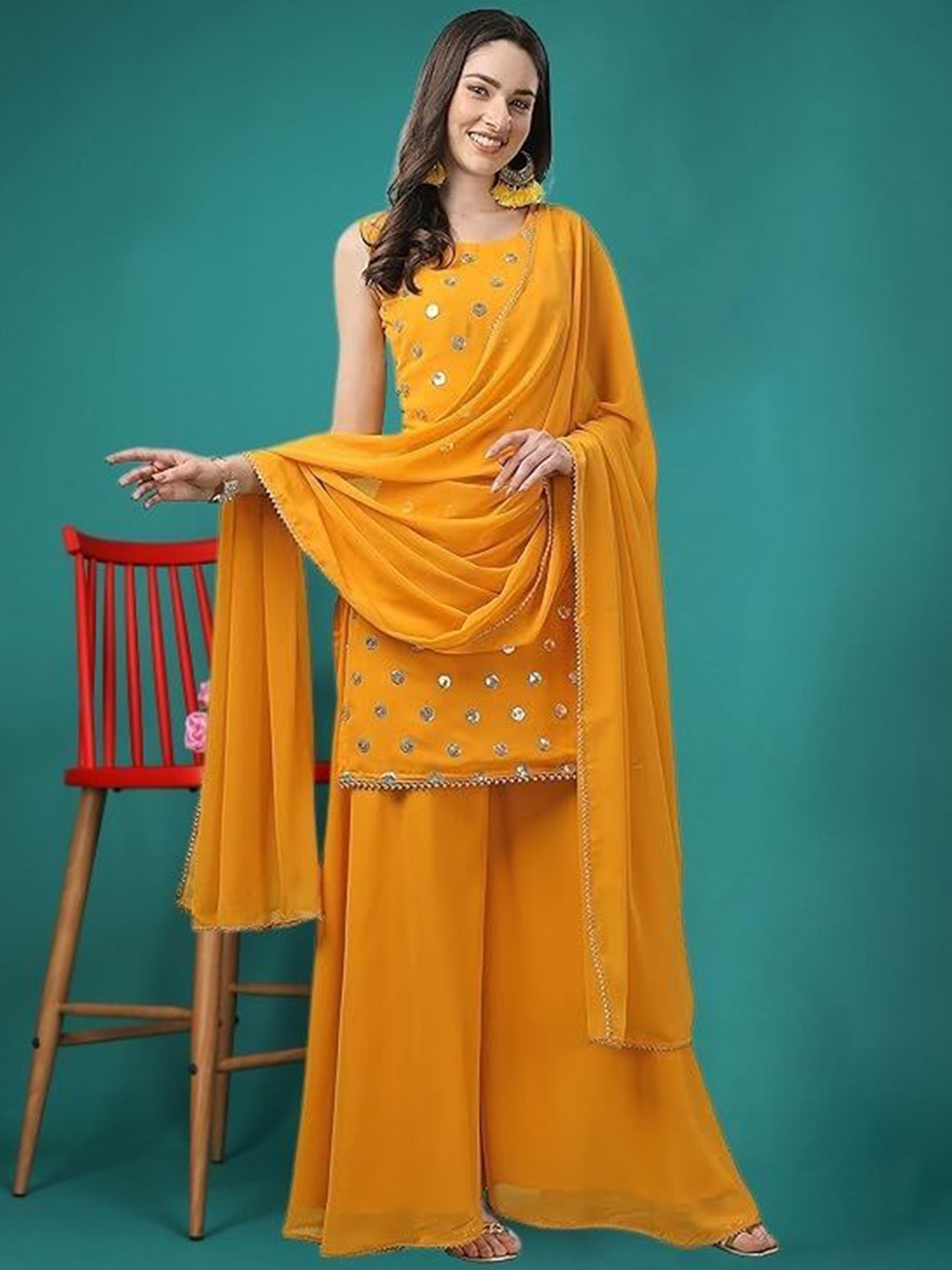 

PARROT CREATION Geometric Embroidered Sequinned Georgette Kurti with Sharara And Dupatta, Yellow