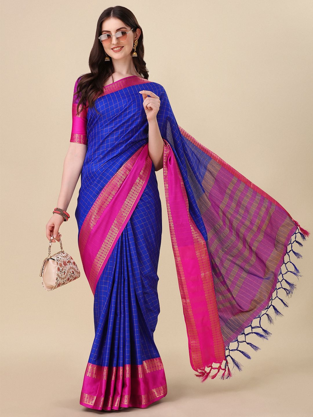 

DIVASTRI Checked Woven Design Zari Mysore Silk Saree, Blue