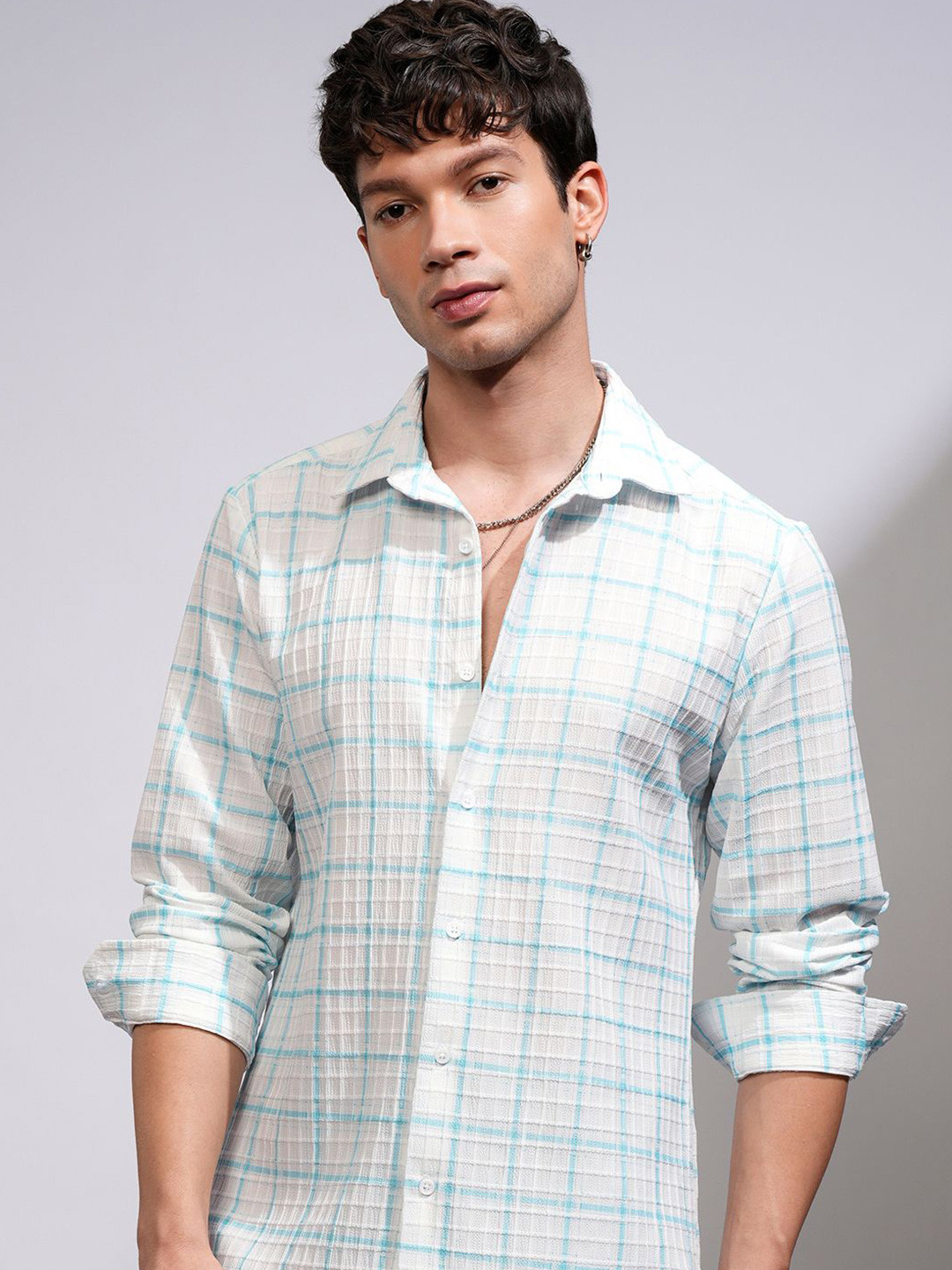 

HIGHLANDER Men Popcorn Textured Printed Checked Casual Shirt, White