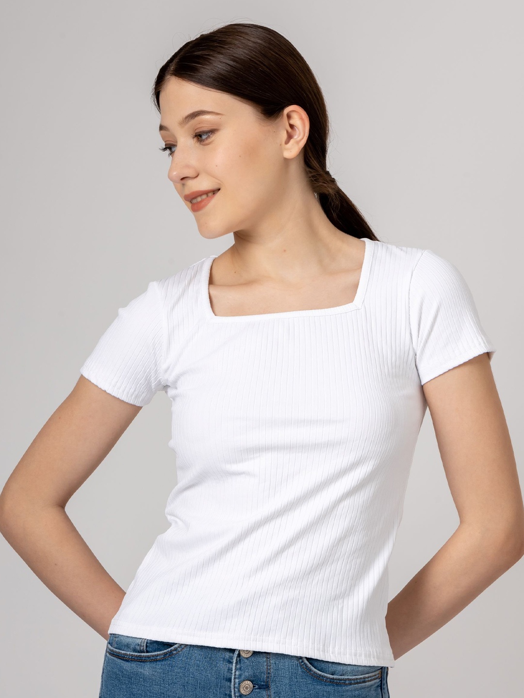 

PYR8 Women Ribbed Ribbed Square Neck Top, White