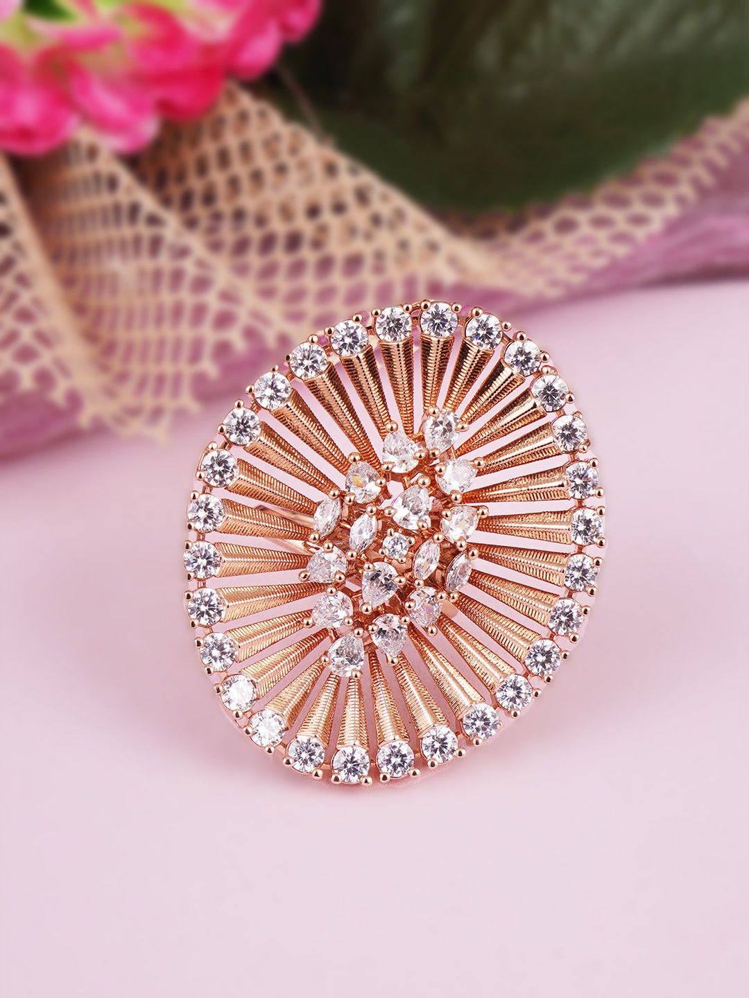 

Adwitiya Collection Rose Gold Plated American Diamond Studded Oval Shape Adjustable Ring