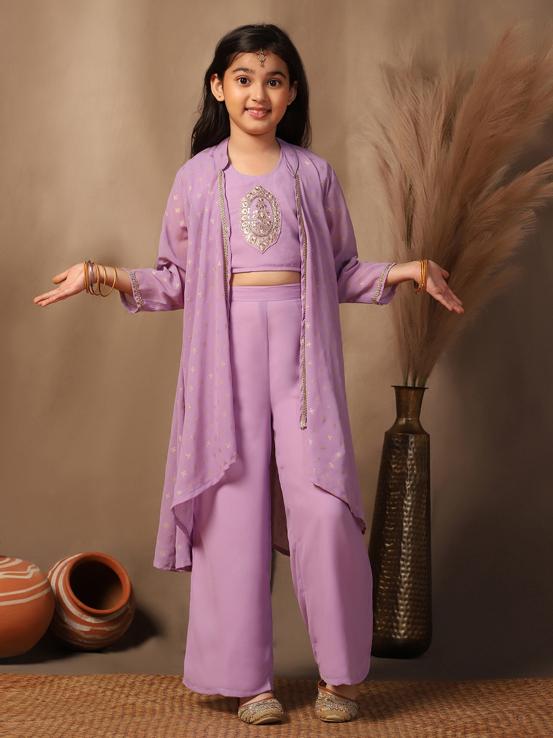 

Sangria Lavender Girls Embroidered Foil Printed Georgette Top With Palazzo And Shrug