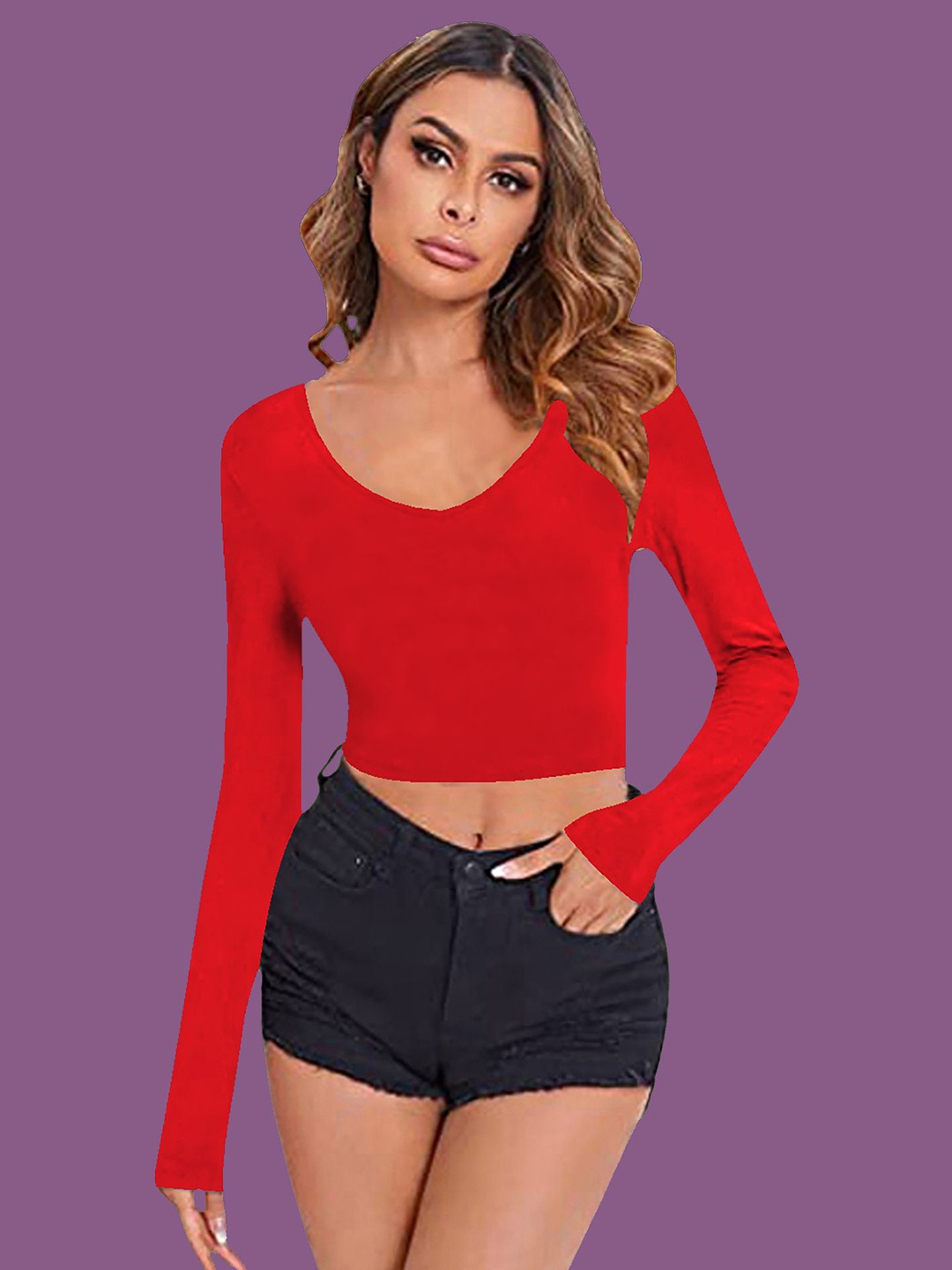 

Dream Beauty Fashion Women Solid V-Neck Long Sleeves Crop Fitted Top, Red