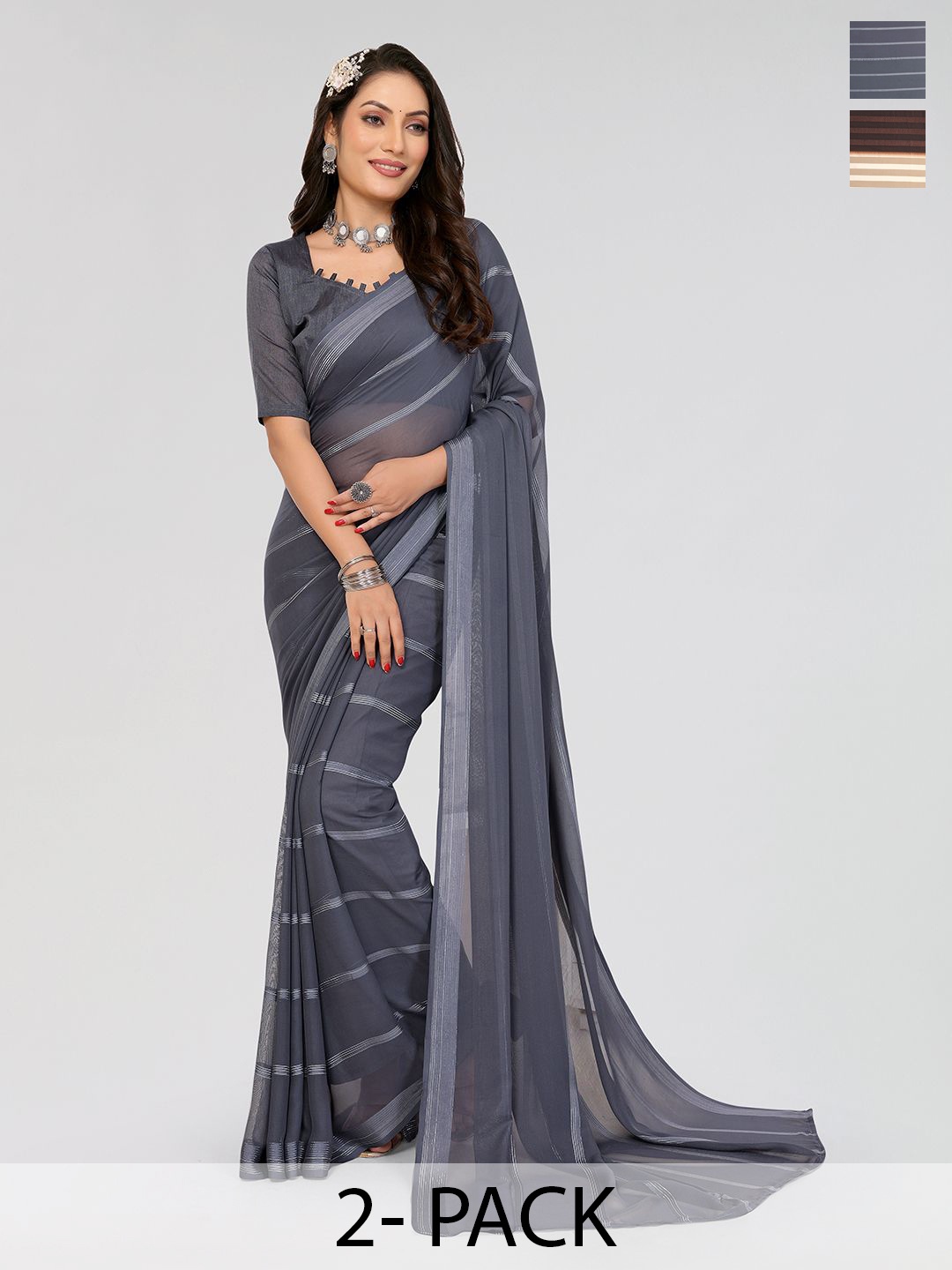 

Moda Rapido Set of 2 Striped Satin Saree, Grey