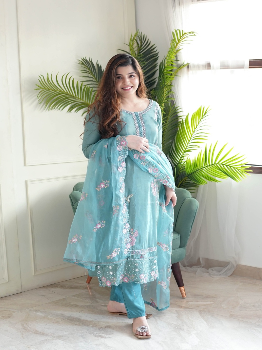 

Ethnic Yard Floral Embroidered Sequnnied Straight Kurta With Trousers & Dupatta, Blue