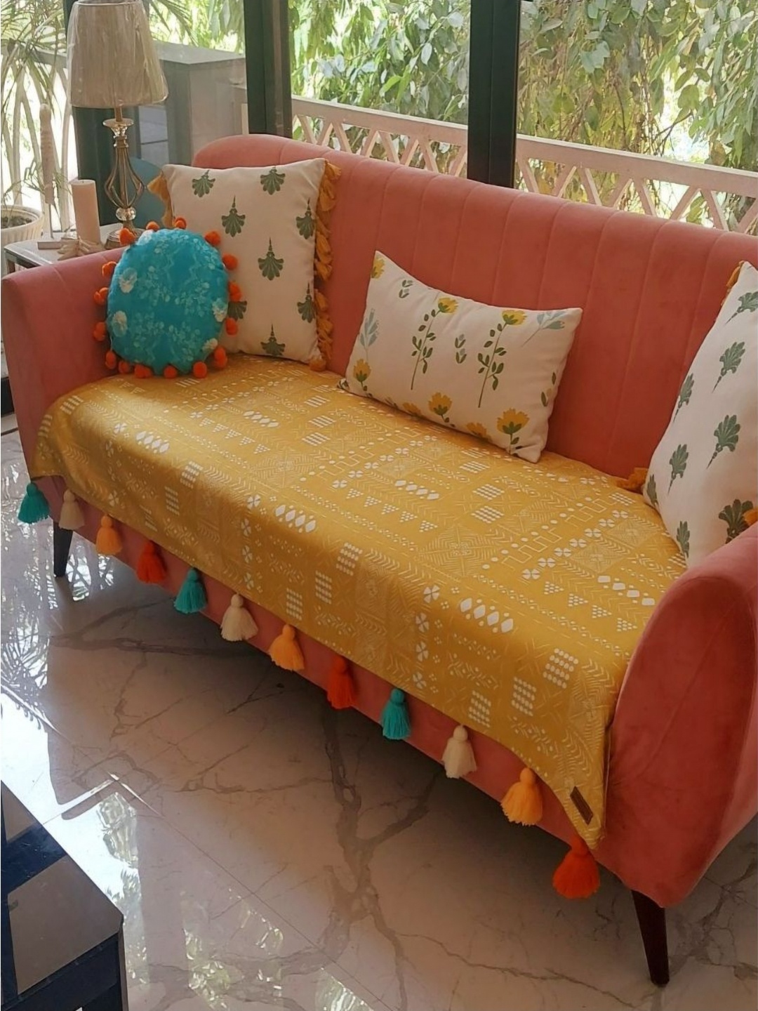 

THROWPILLOW Mustard & Blue Printed 3 Seater Sofa Cover
