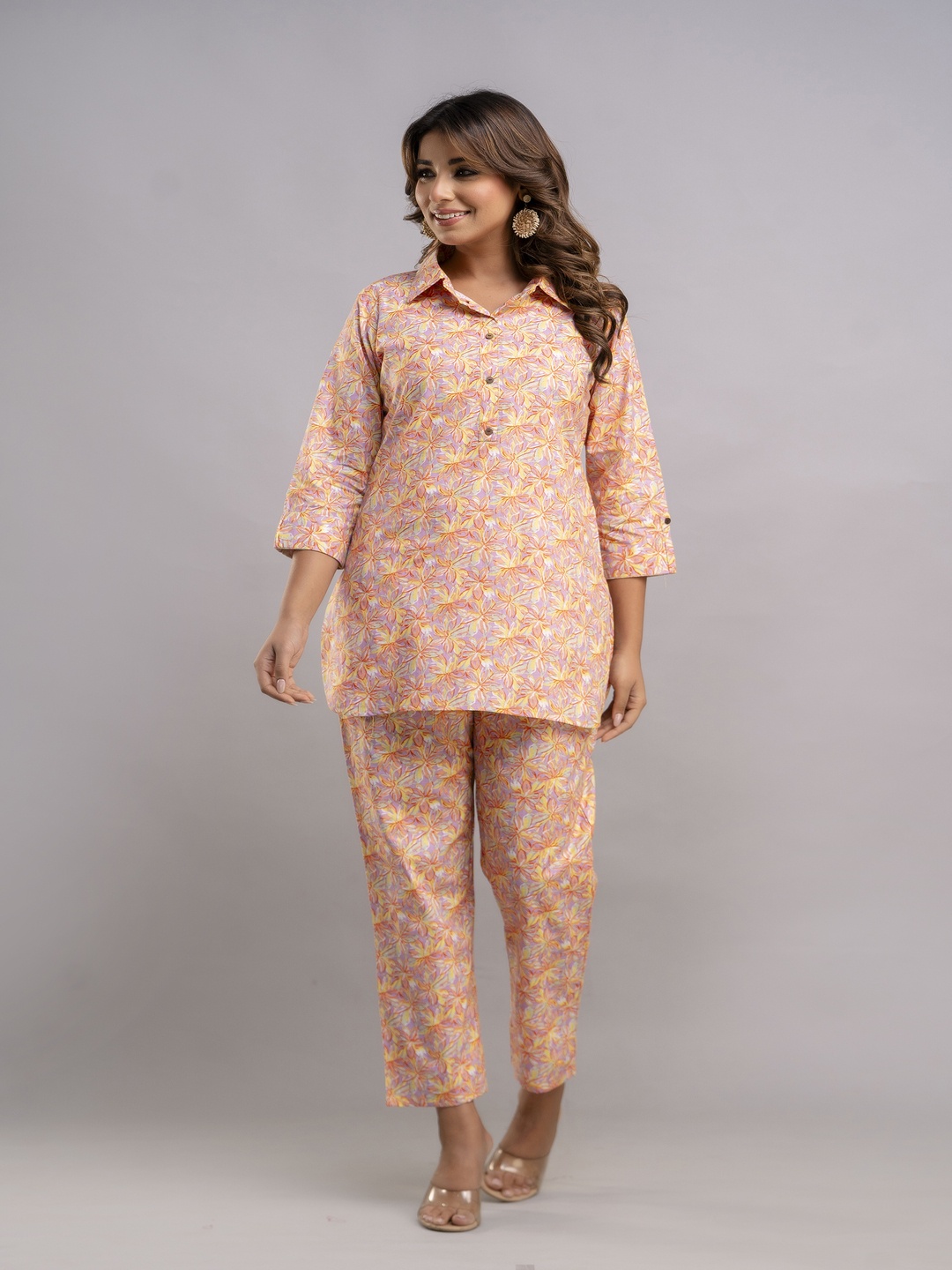 

Malia Floral Printed Shirt Collar Pure Cotton Top And Trousers, Orange