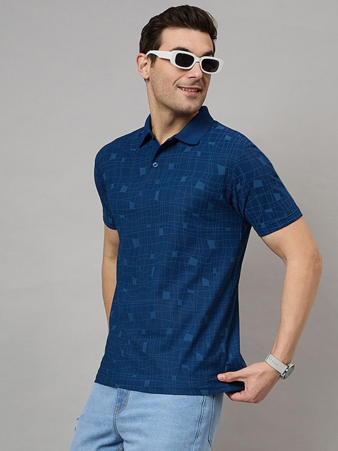

BRONATION Men Geometric Printed Polo Collar Cotton T-shirt, Navy blue