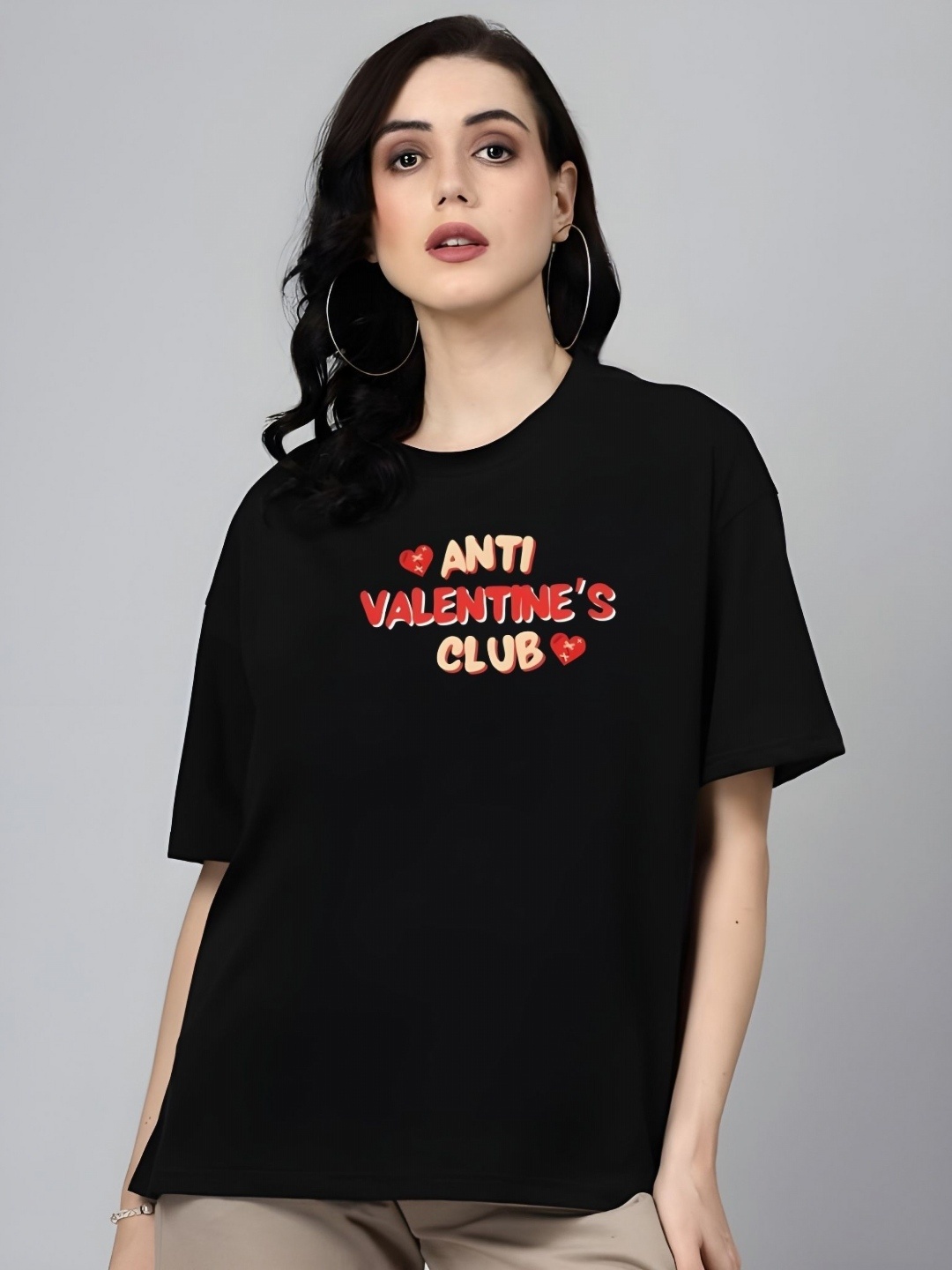 

SZN Women Typography Printed Round Neck Cotton Oversized T-shirt, Black