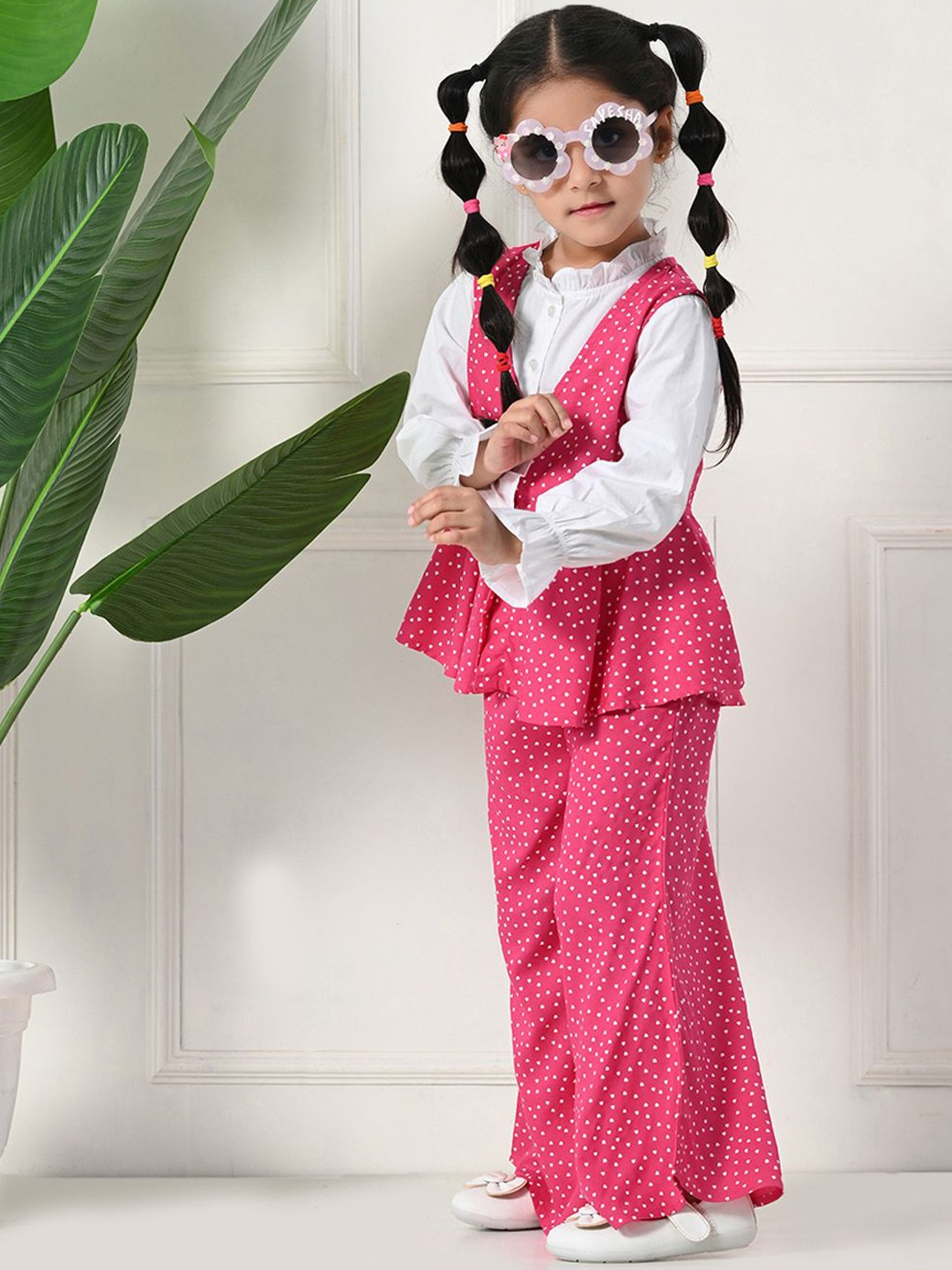 

BAESD Girls Polka Dot Printed Round Neck Pure Cotton Top With Trousers, Pink