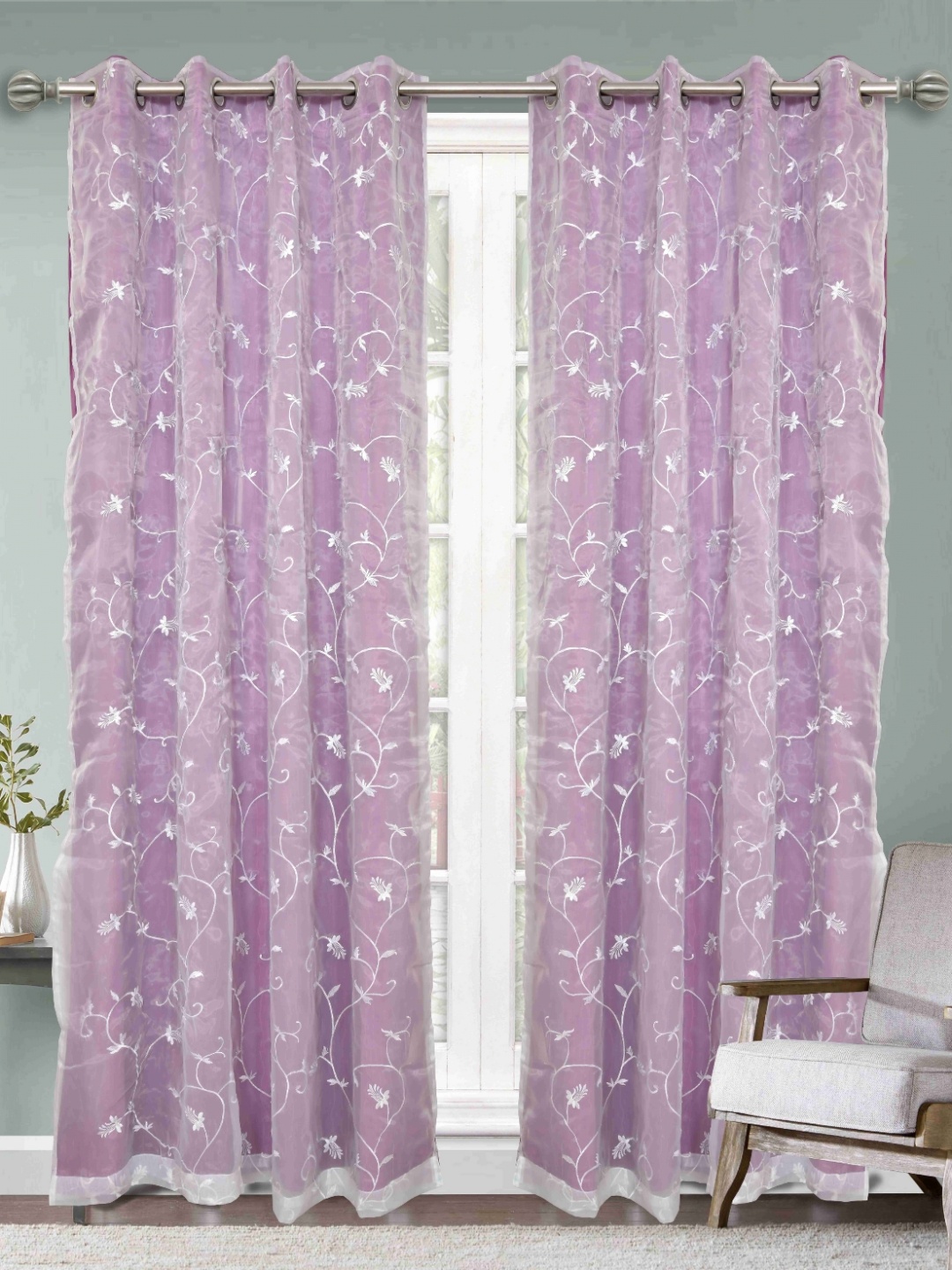 

Aura Purple And White 2 Pieces Embroidered Long Door Rod Pocket Velvet Curtains