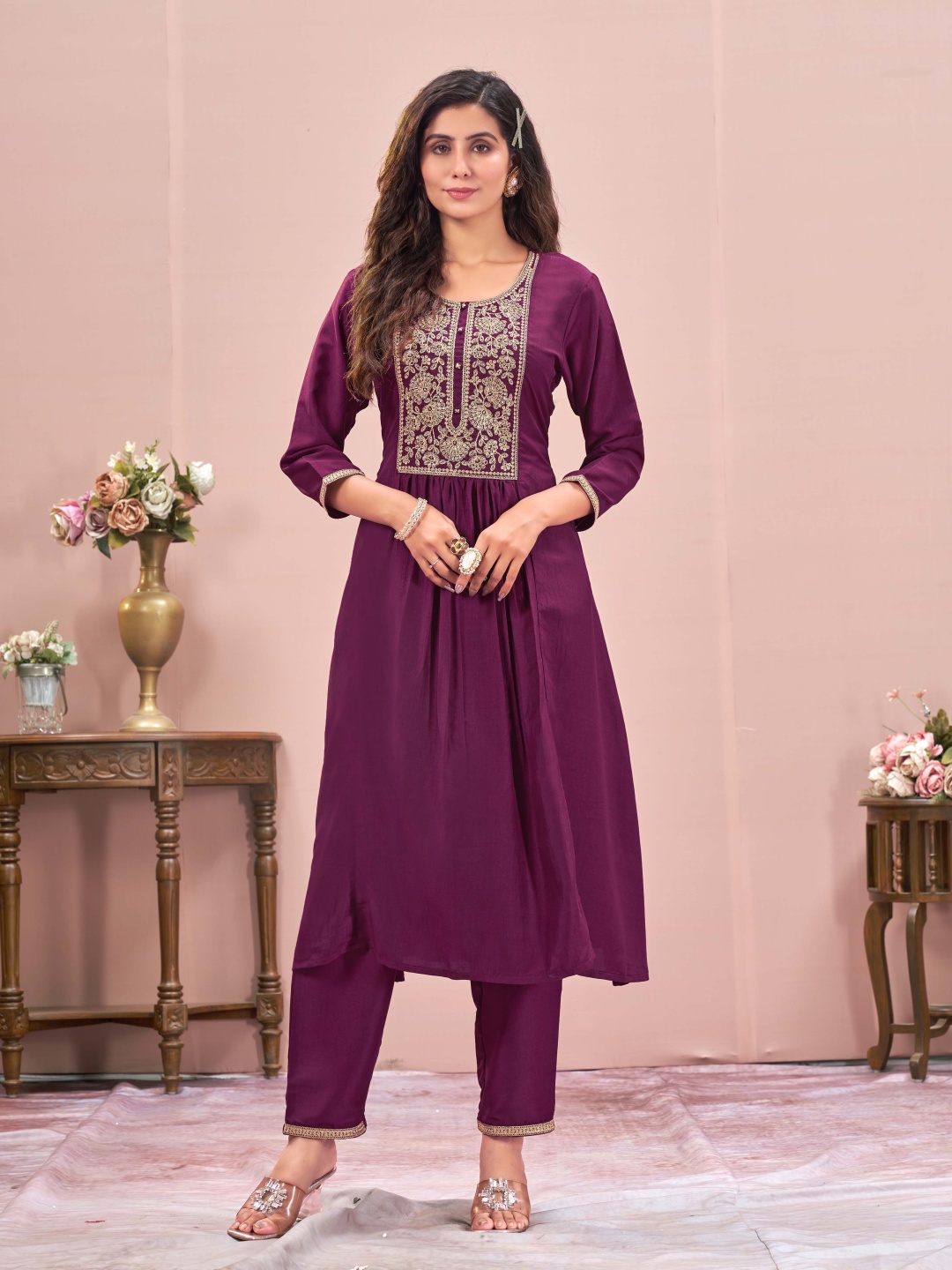 

Raave Floral Embroidered Round Neck Sequinned A-Line Kurta With Trousers, Purple