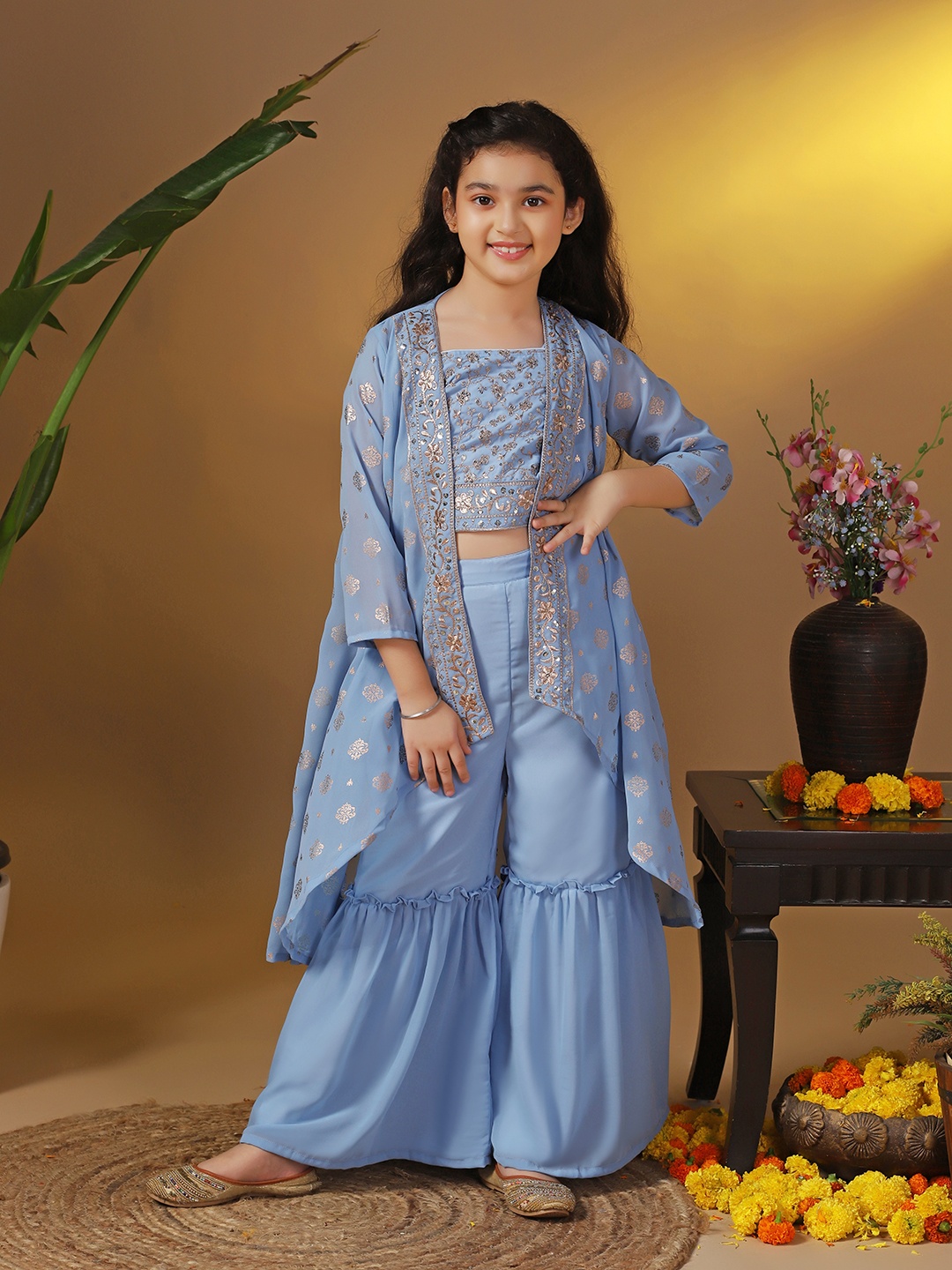 

Sangria Girls Blue Floral Embroidered Sequinned Georgette Crop Top With Sharara And Shrug