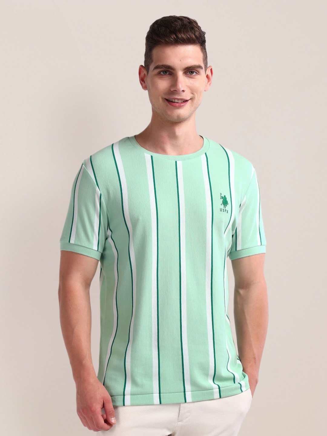 

U.S. Polo Assn. Men Striped Round Neck Cotton T-shirt, Green