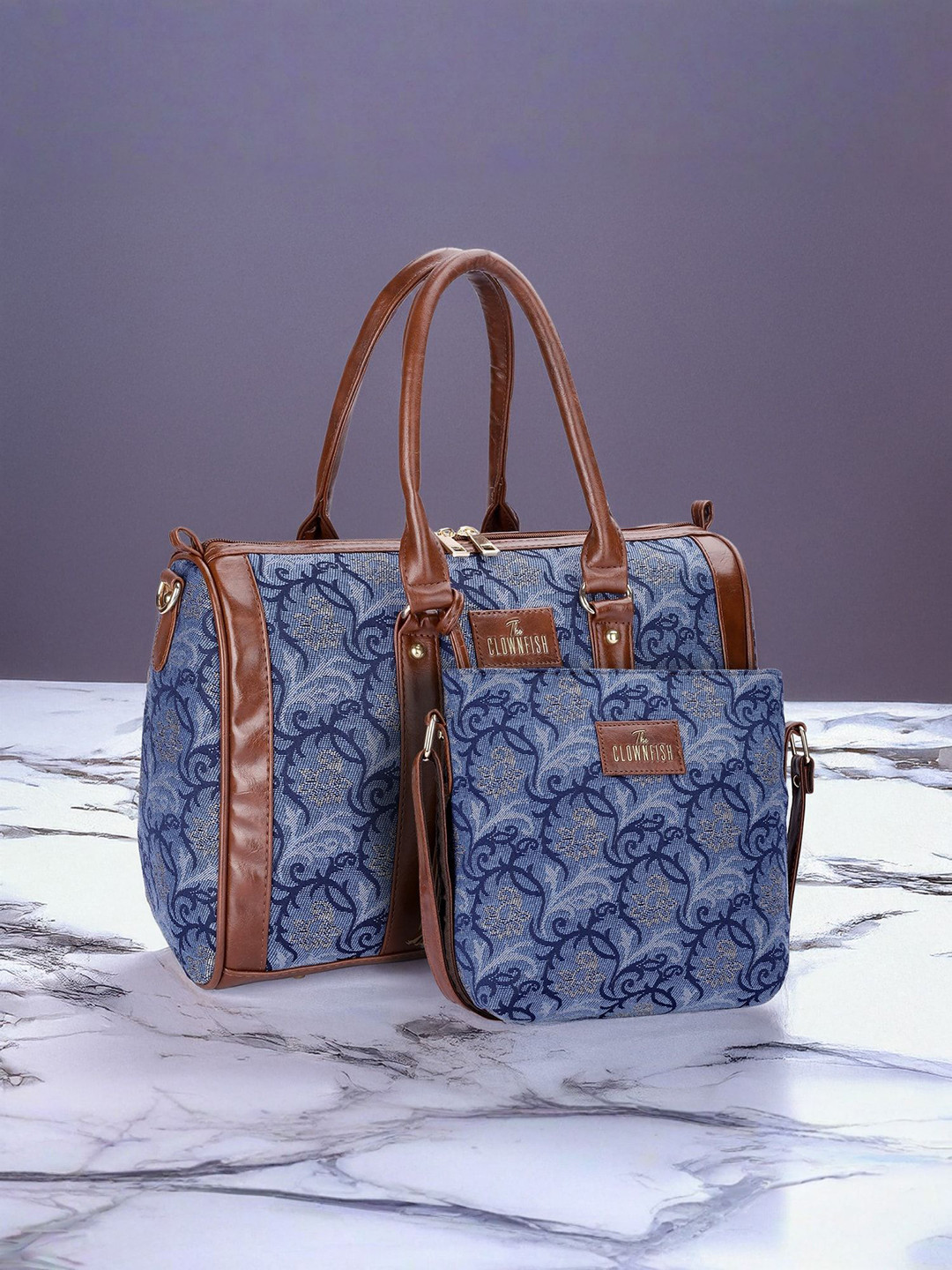 

THE CLOWNFISH Women Floral Printed Bowling Handheld Bag, Blue