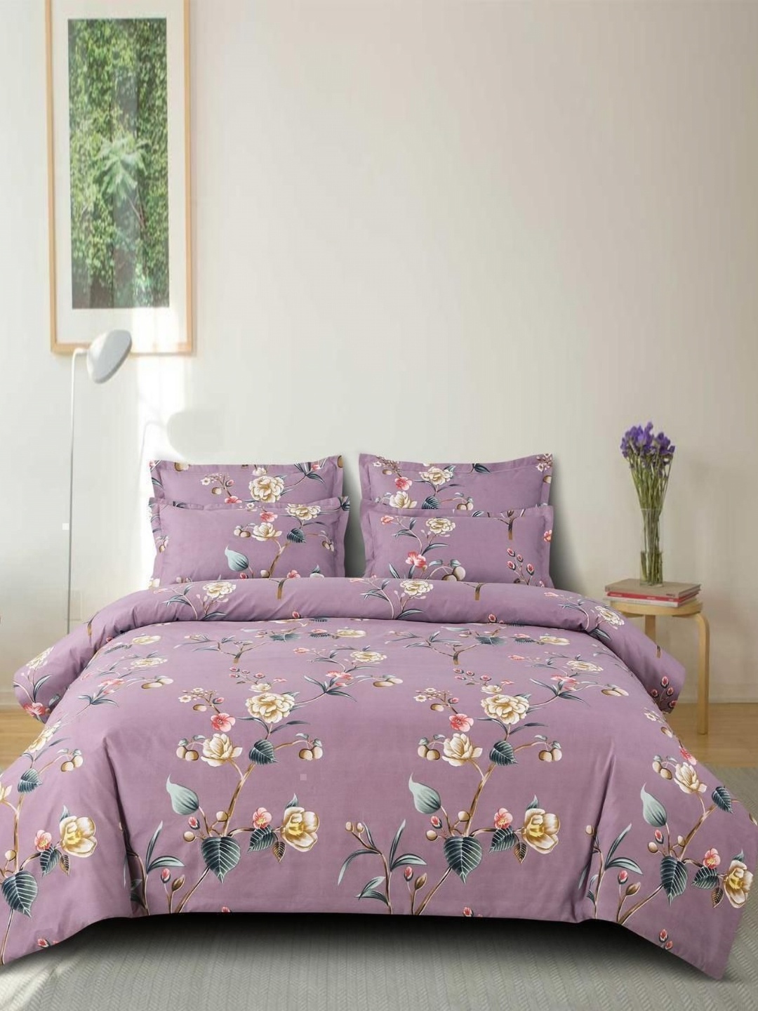 

Aura Purple & Green Floral Printed 180 TC Cotton King Bedsheet Set 2.28 m x 2.54 m
