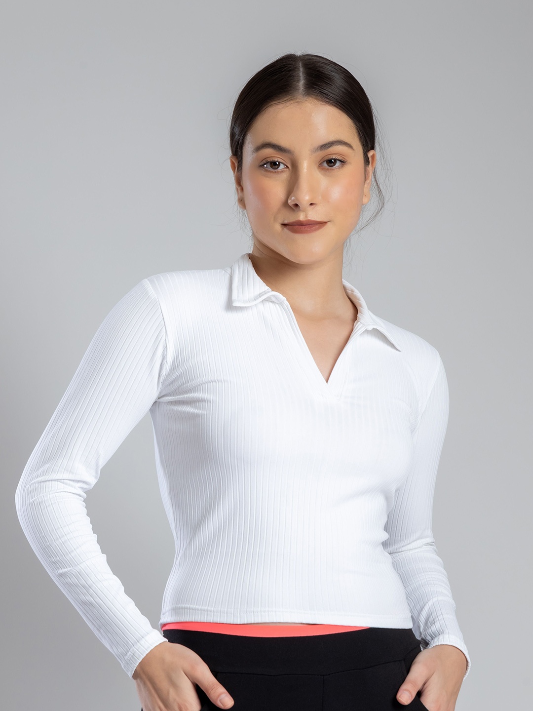 

PYR8 Women Ribbed Ribbed Shirt Collar Top, White