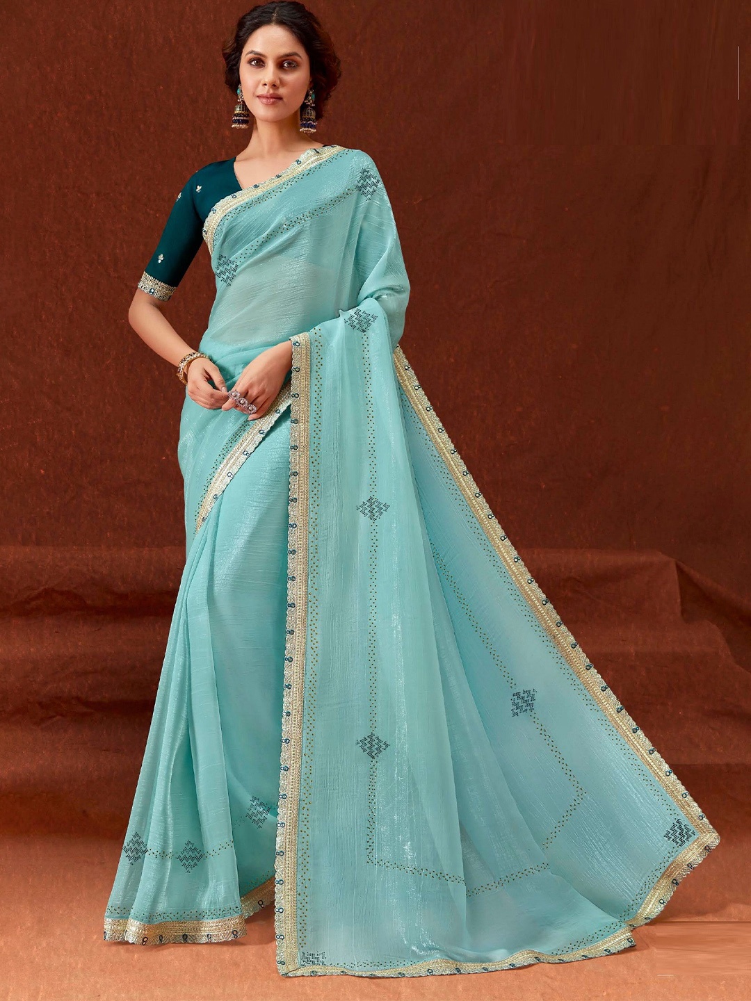

MAHALASA Embellished Mirror Work Pure Chiffon Saree, Turquoise blue