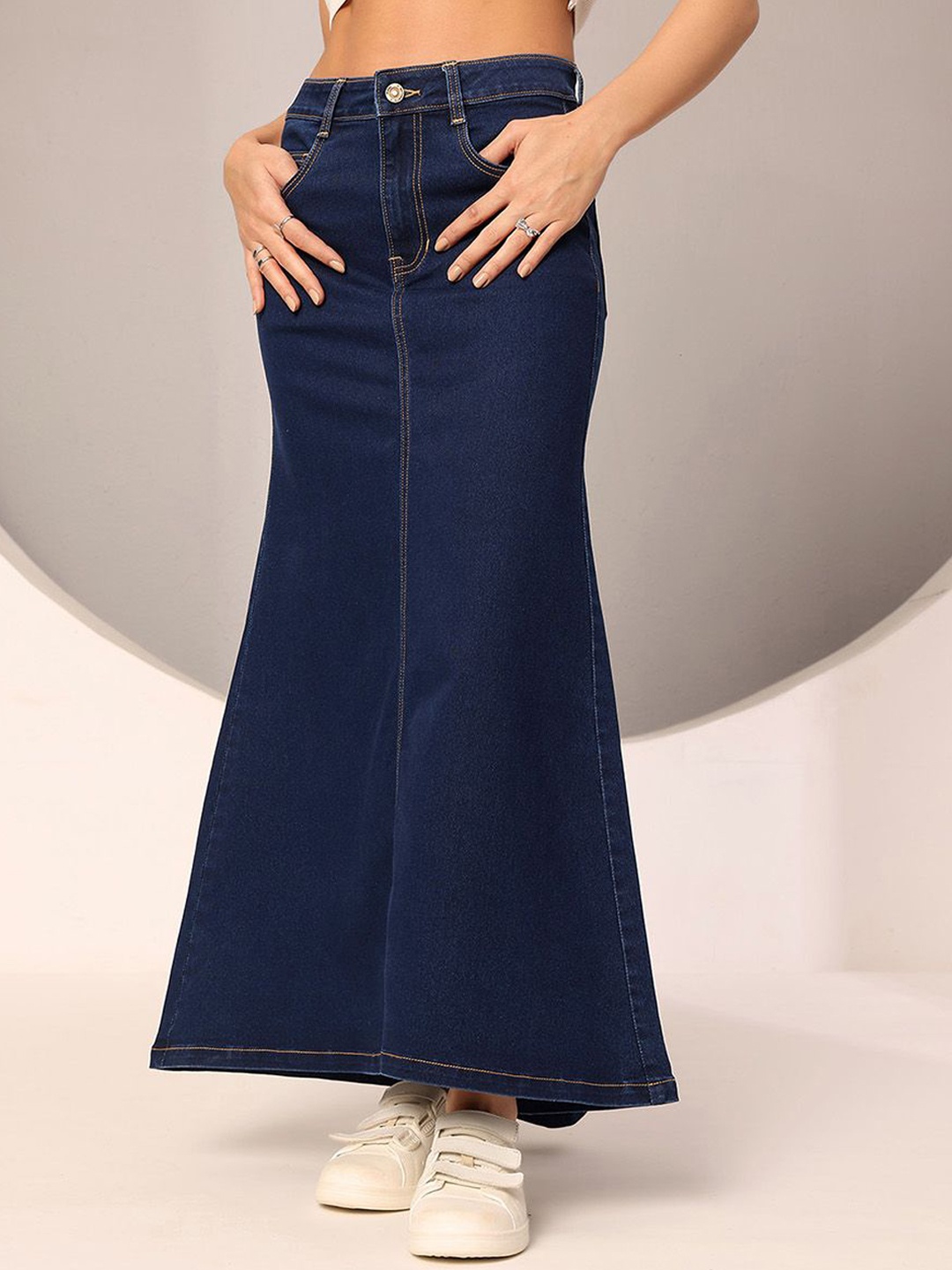 

DOLCE CRUDO Denim Flared Maxi Skirt, Blue