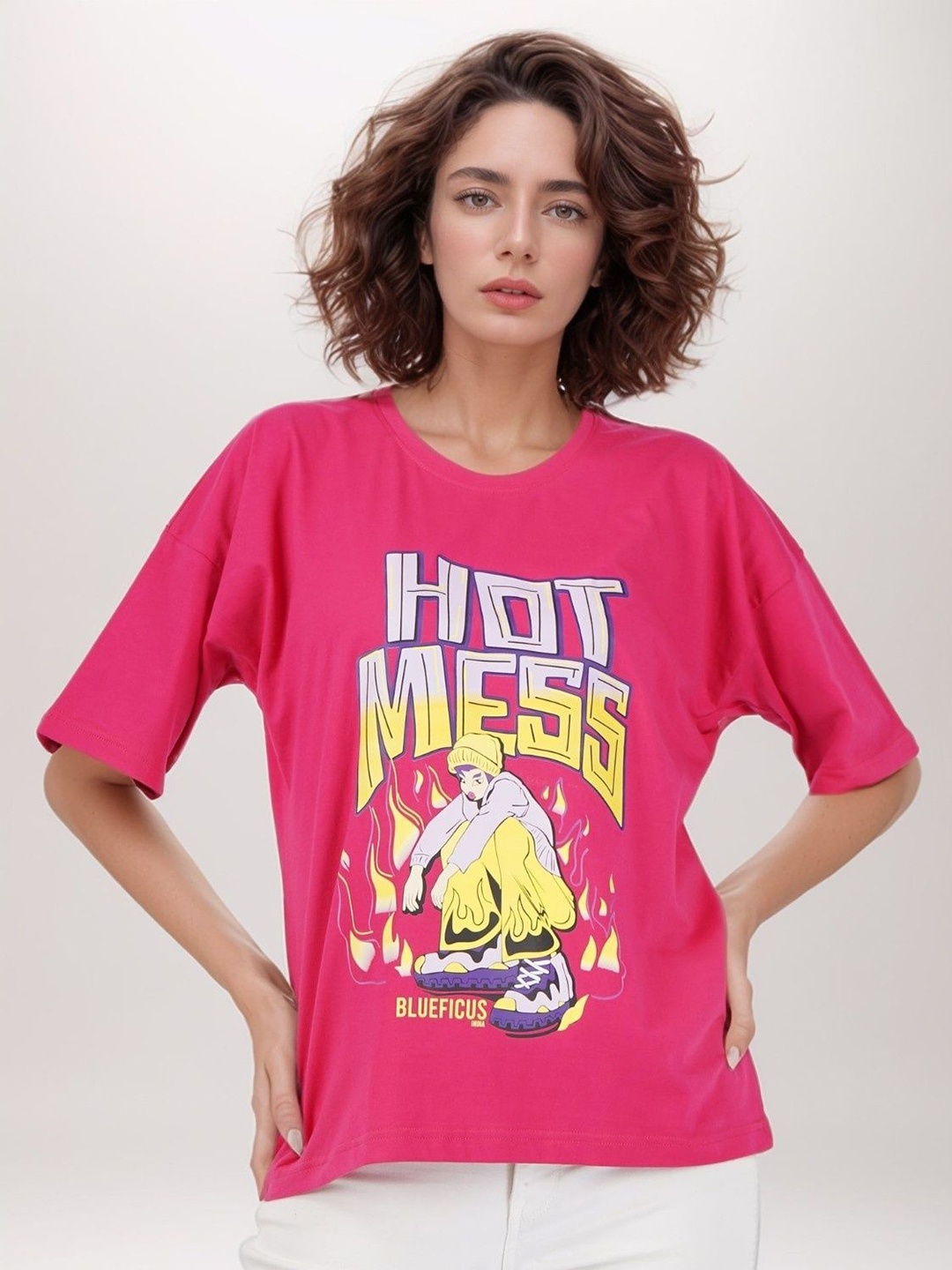 

BLUEFICUS Bio-Finish Graphic Print Round Neck Cotton Casual Relaxed Fit T-Shirt, Pink