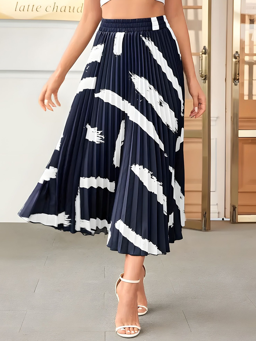 

ZWERLON Women Printed Pleated A-Line Midi Skirt, Navy blue