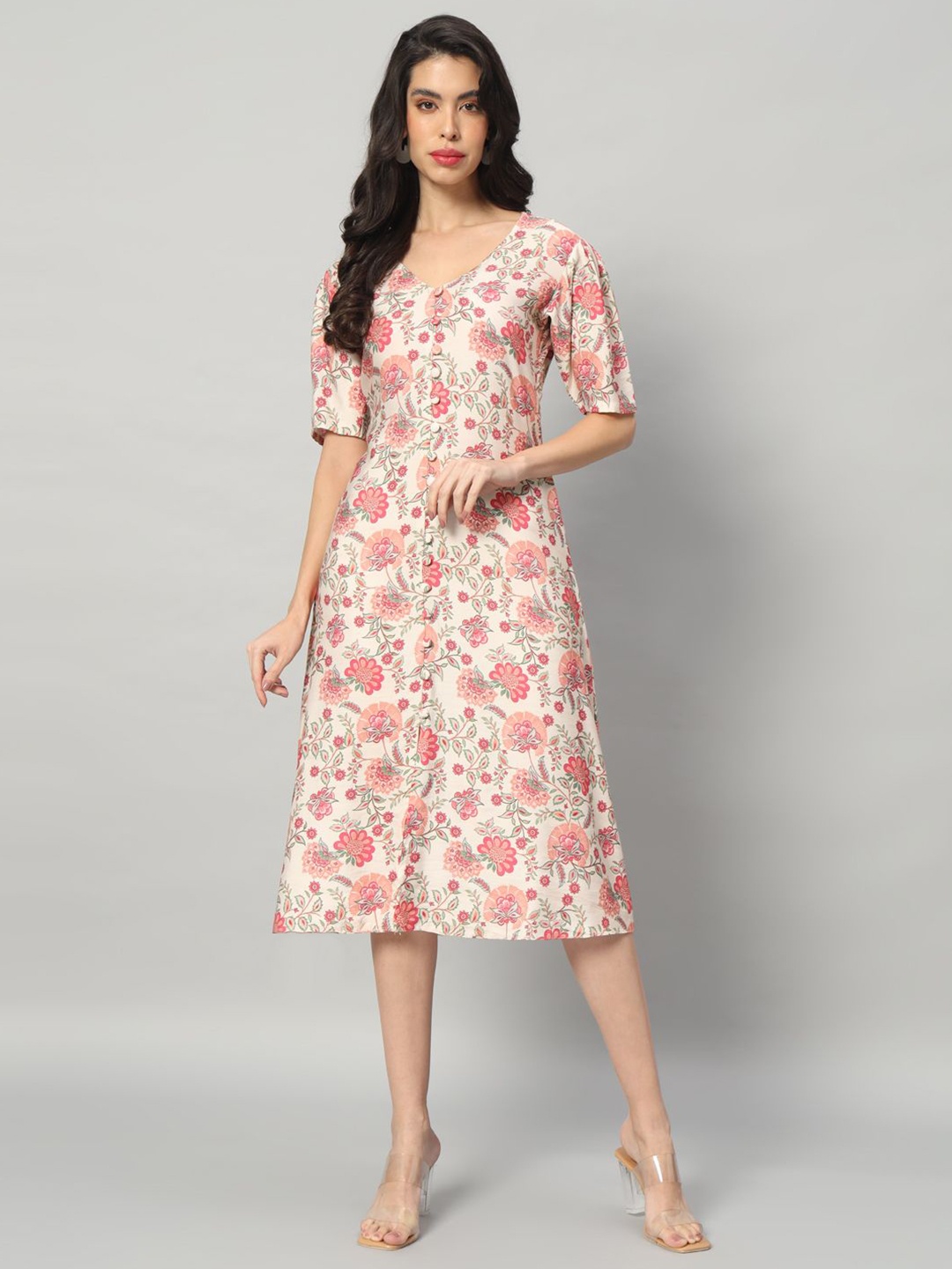 

BRIJAL LAD Women Floral Printed A-Line Midi Dress, Cream