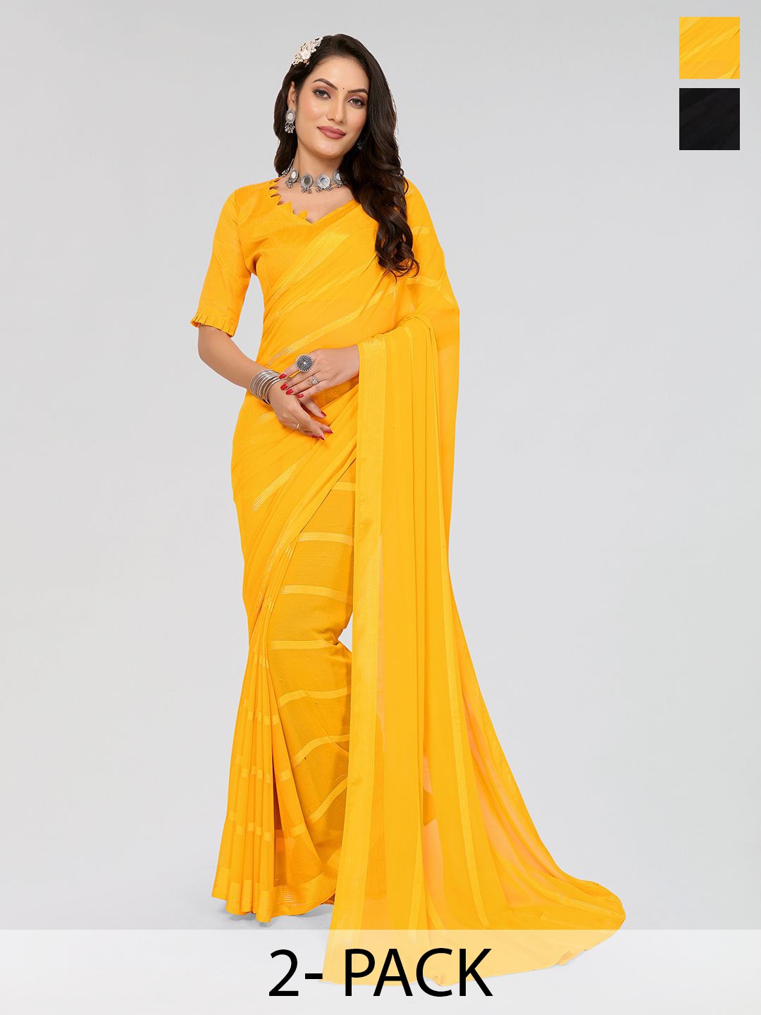 

Moda Rapido Set of 2 Striped Satin Sarees, Yellow