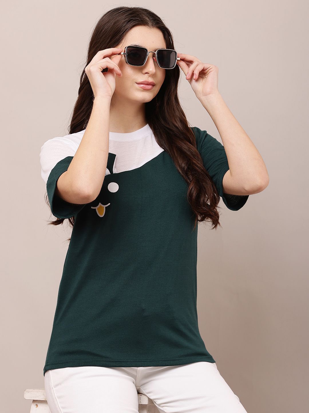 

Raabta Fashion Women Colourblocked Round Neck Cotton Top, Green