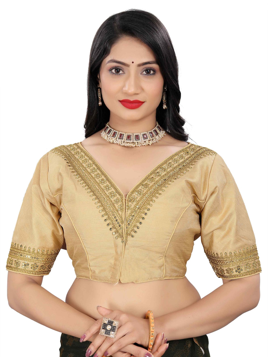 

HERE&NOW Embroidered V Neck Saree Blouse, Beige