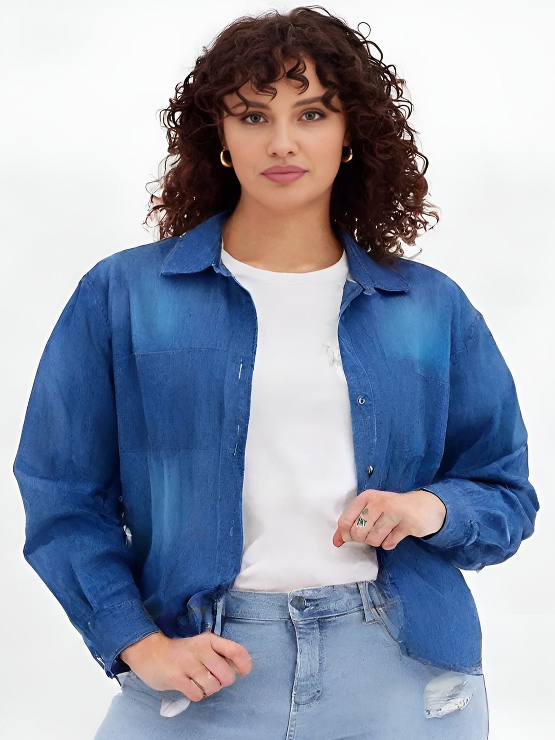 

Shiv traders collection Women Comfort Fit Spread Collar Faded Denim Casual Shirt, Blue