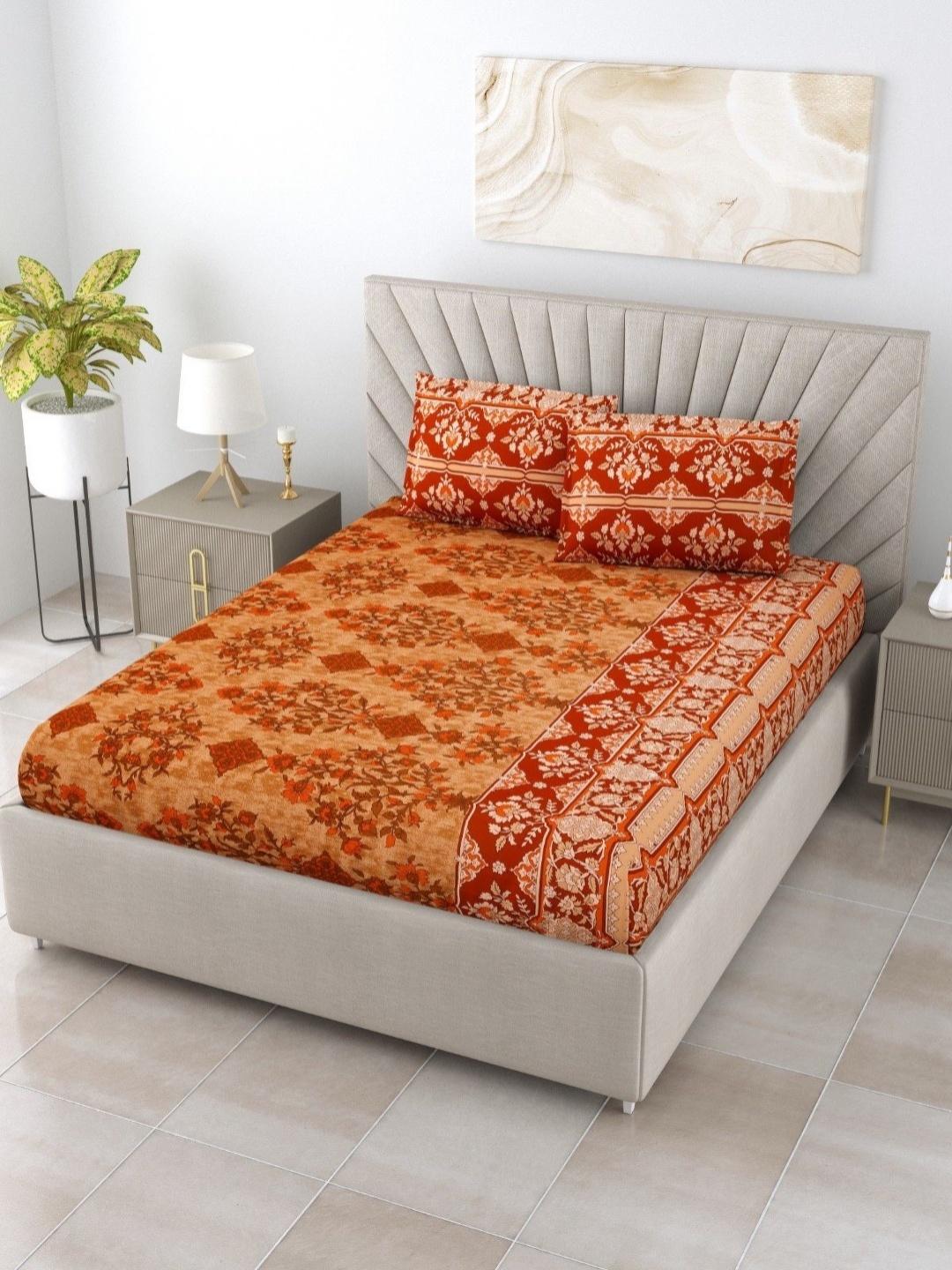 

Myntra Elegant Homes Gulmohar Rust Printed Cotton 180 TC King Bedsheet Set 2.74 m X 2.74 m