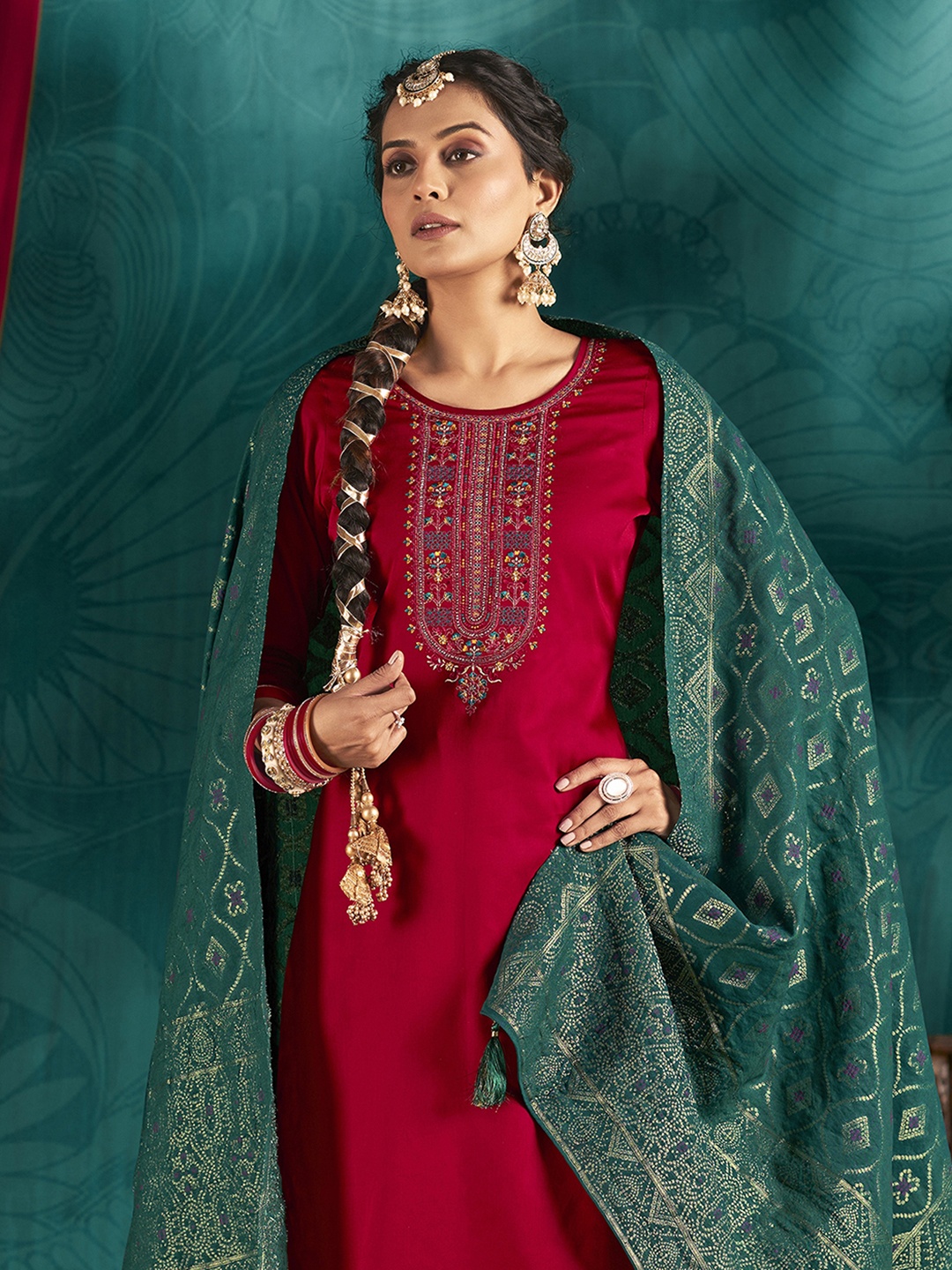 

Anouk Red Floral Embroidered Sequunied Unstitched Dress Material